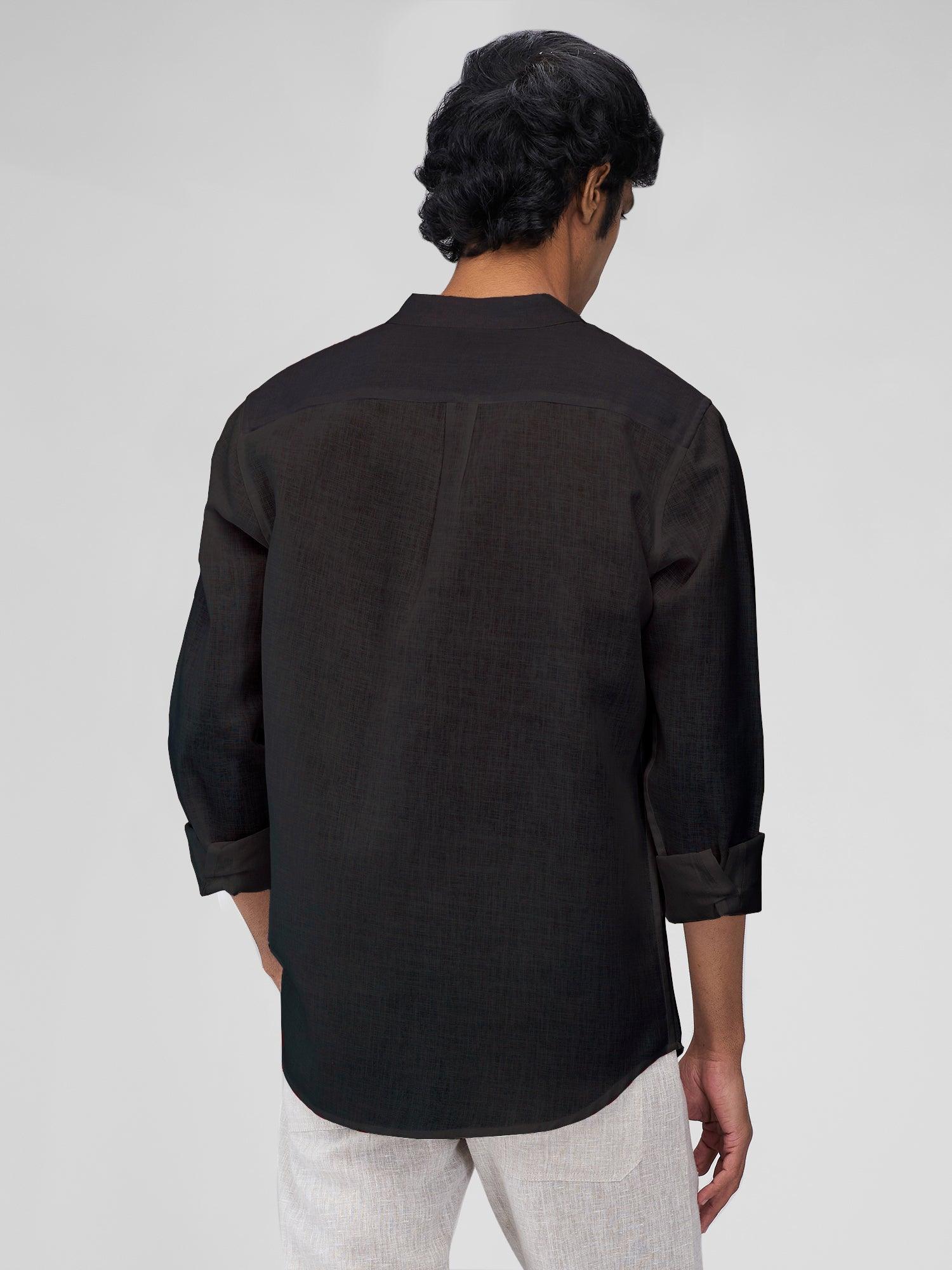 Airavat Mandarin | Black 100% Pure Linen - Bhrata
