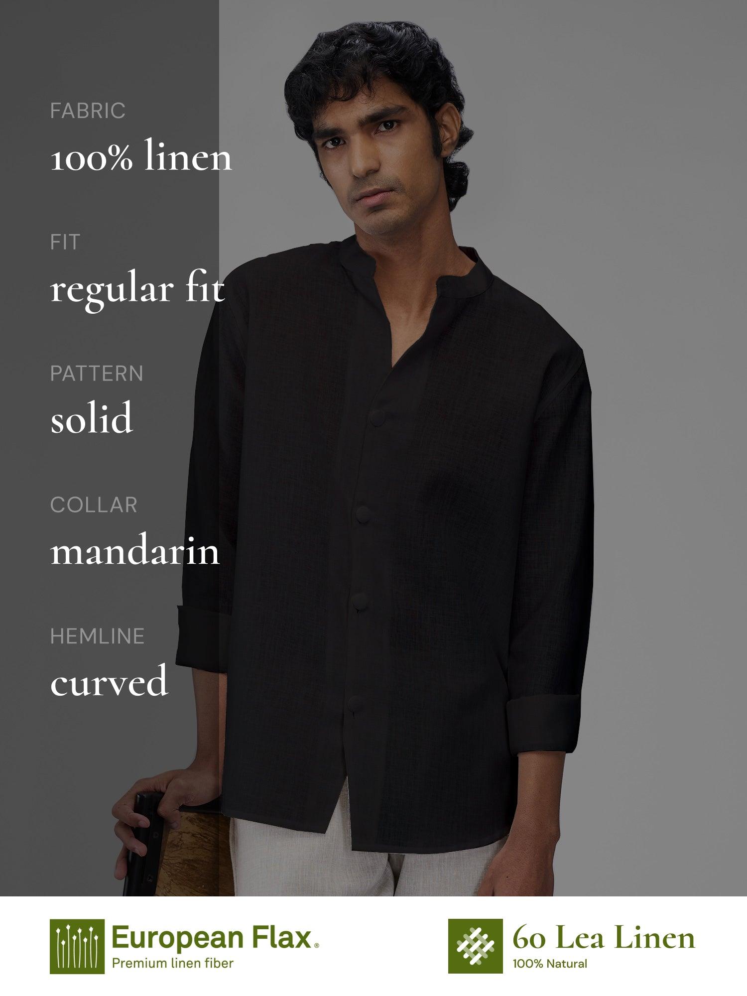 Airavat Mandarin | Black 100% Pure Linen - Bhrata