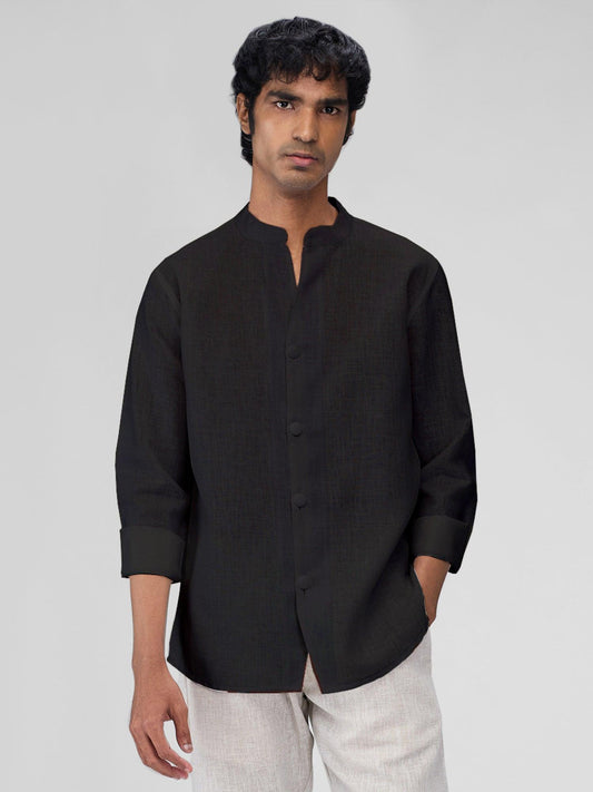 Airavat Mandarin | Black 100% Pure Linen - Bhrata