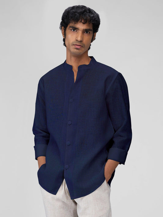 Airavat Mandarin | Navy 100% Pure Linen - Bhrata