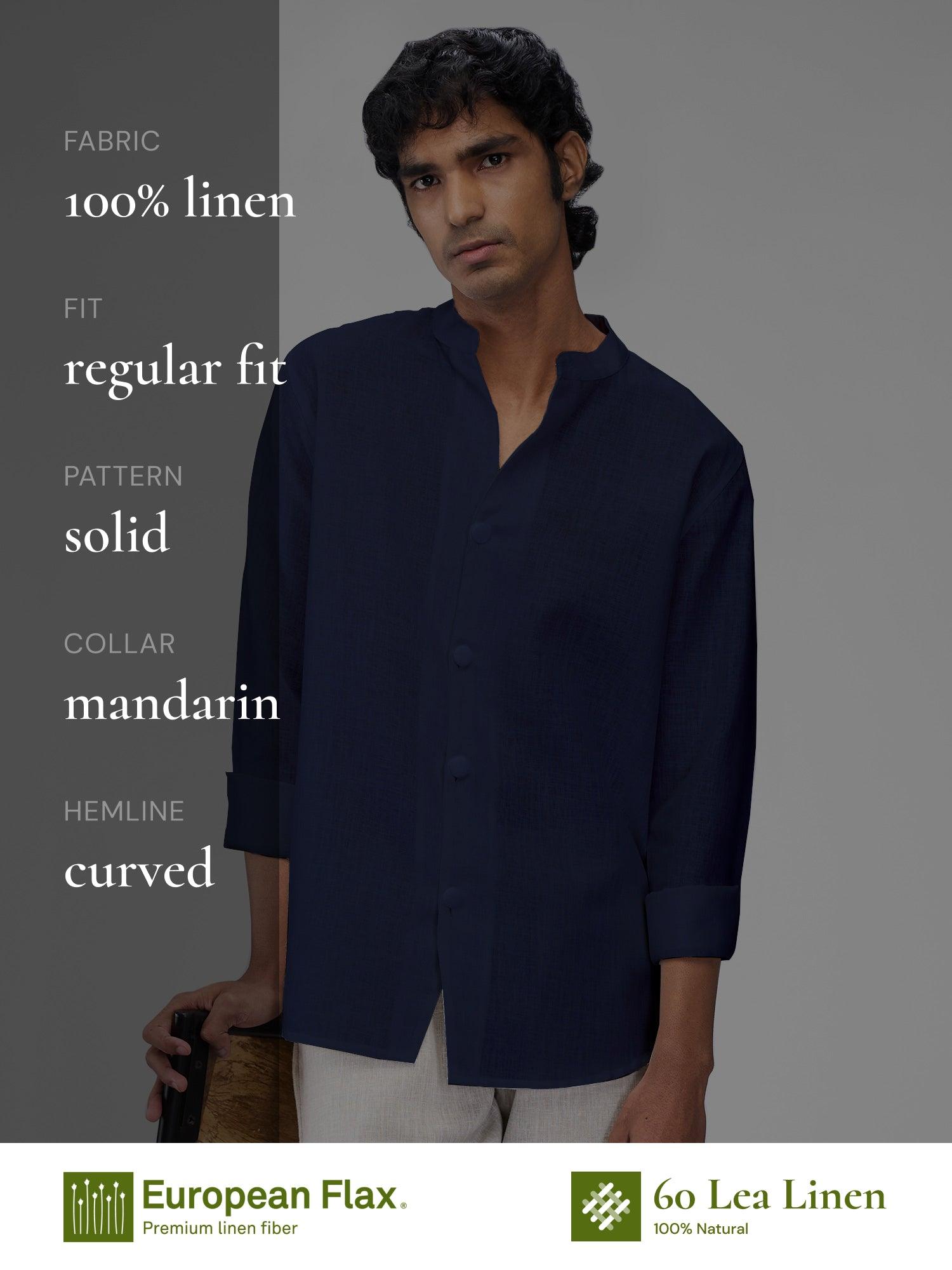 Airavat Mandarin | Navy 100% Pure Linen - Bhrata
