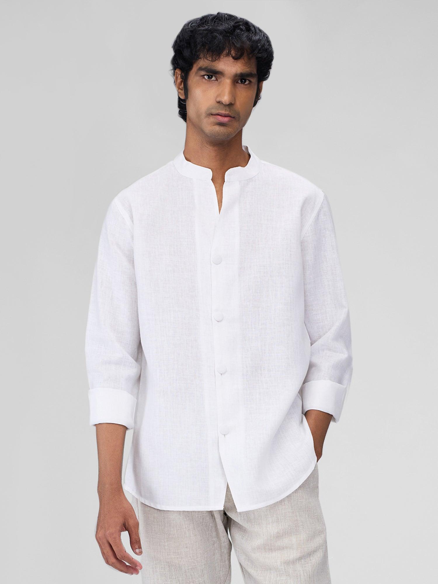 Airavat Mandarin | White 100% Pure Linen - Bhrata