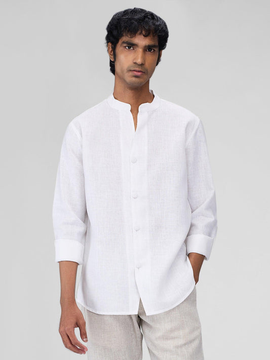 Airavat Mandarin | White 100% Pure Linen - Bhrata