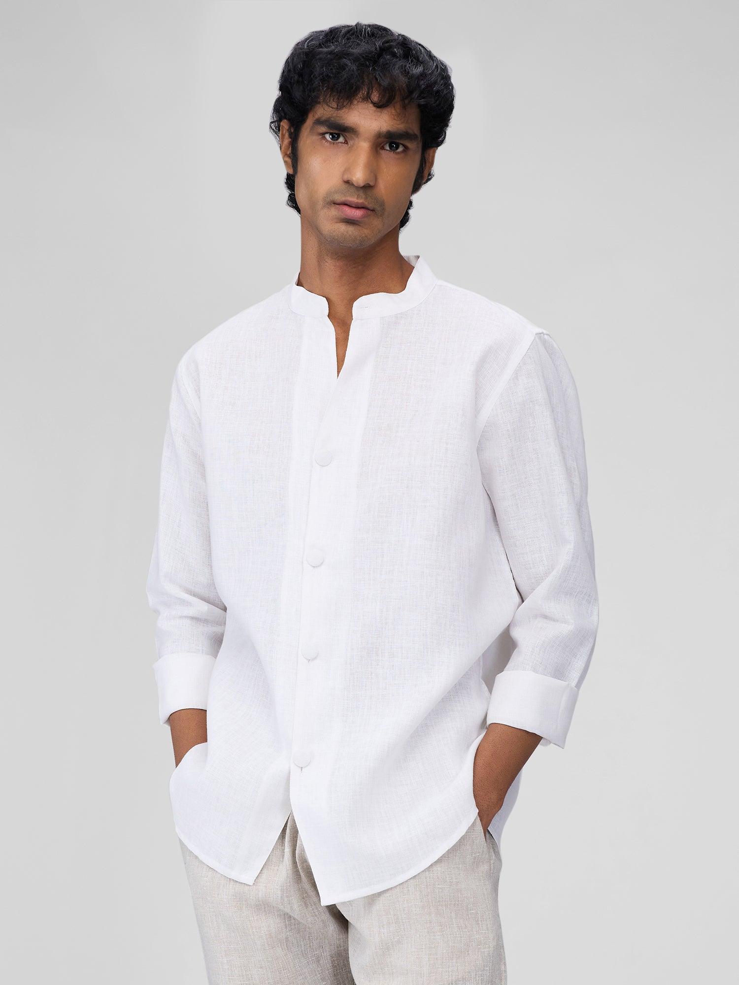 Airavat Mandarin | White 100% Pure Linen - Bhrata