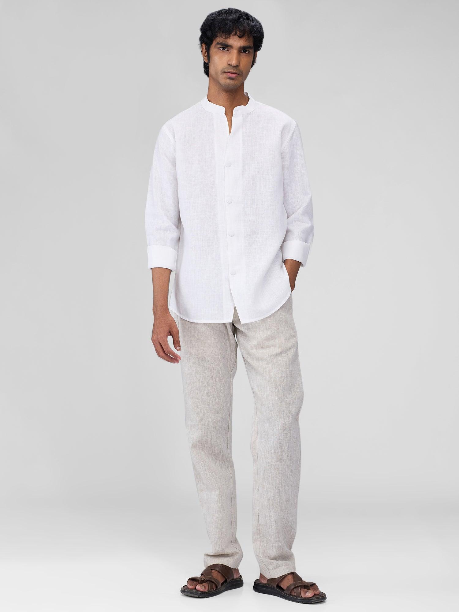 Airavat Mandarin | White 100% Pure Linen - Bhrata