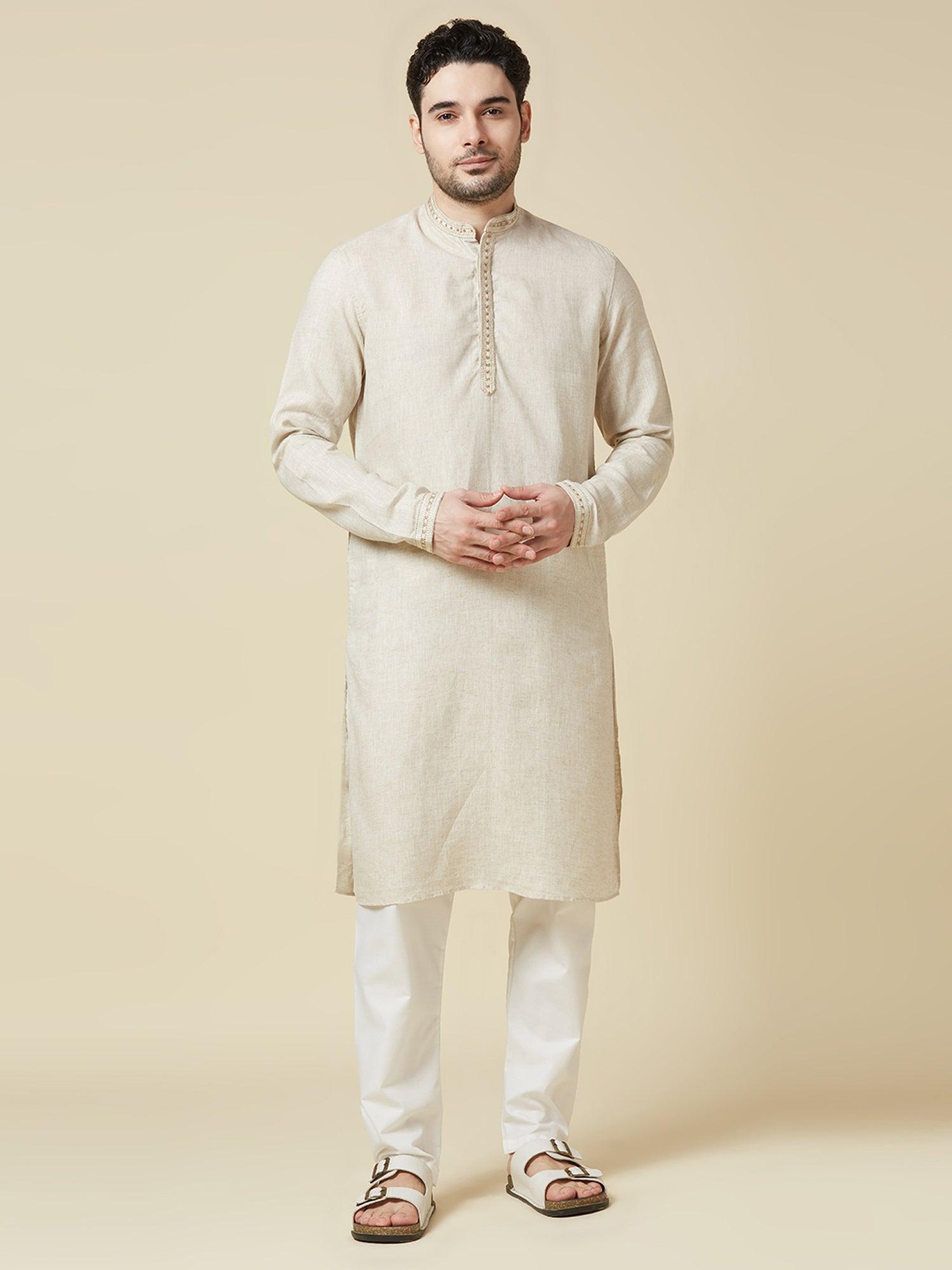 Beige 100% Pure Linen Long Kurta - Bhrata