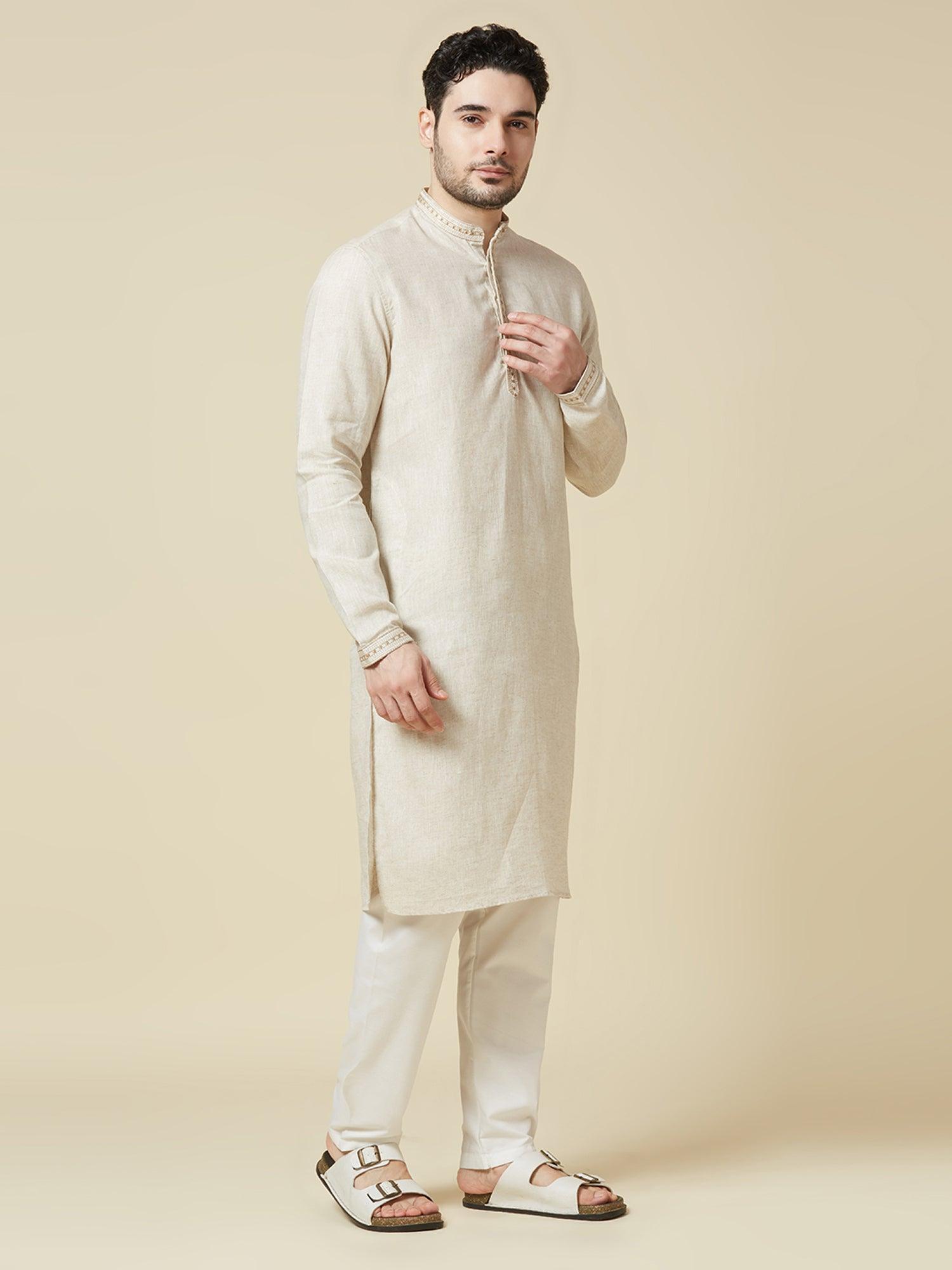Beige 100% Pure Linen Long Kurta - Bhrata