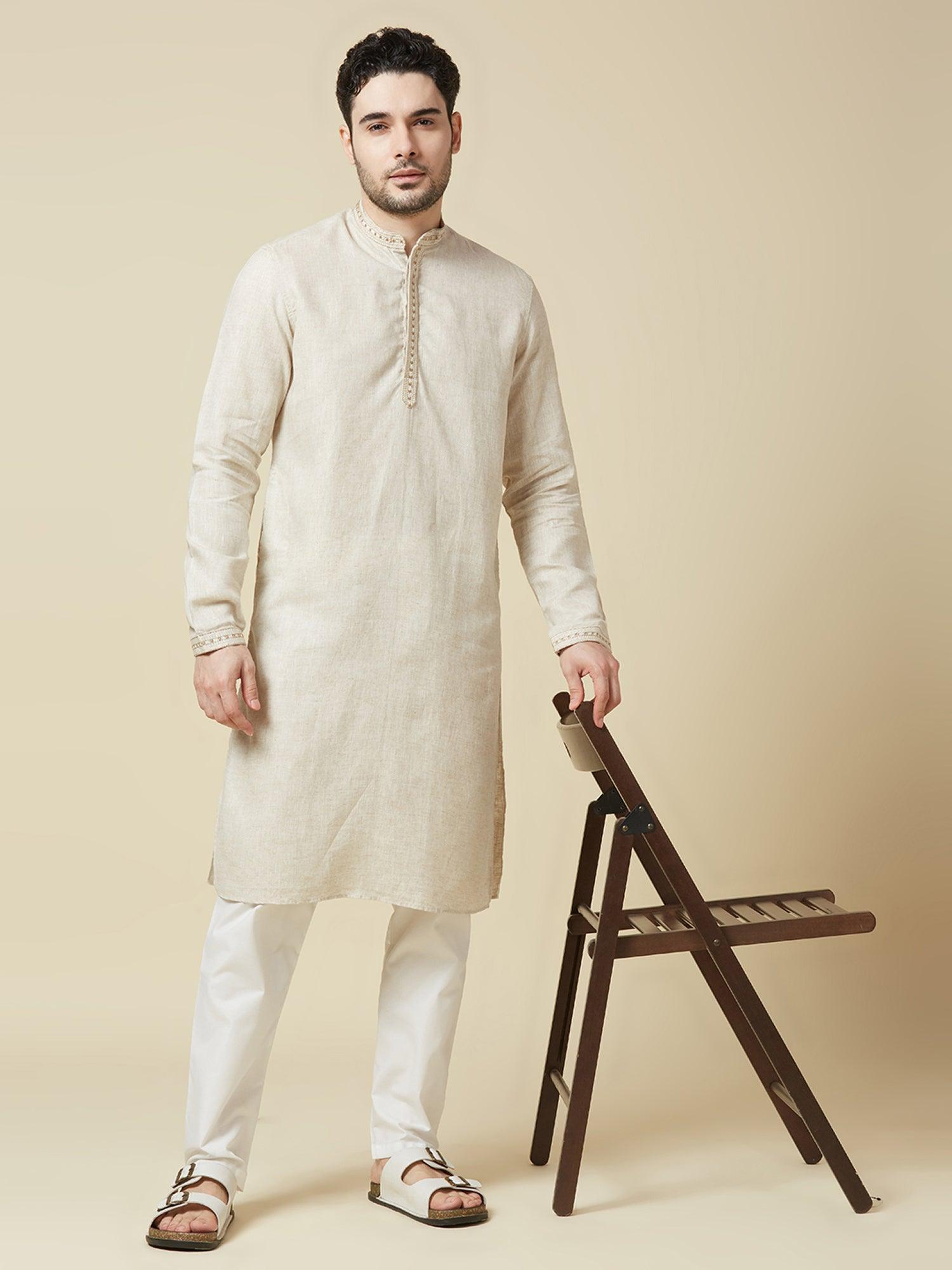 Beige 100% Pure Linen Long Kurta - Bhrata
