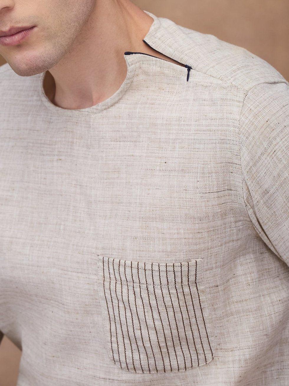 Beige 100% Pure Linen Zippered Kurta - Bhrata