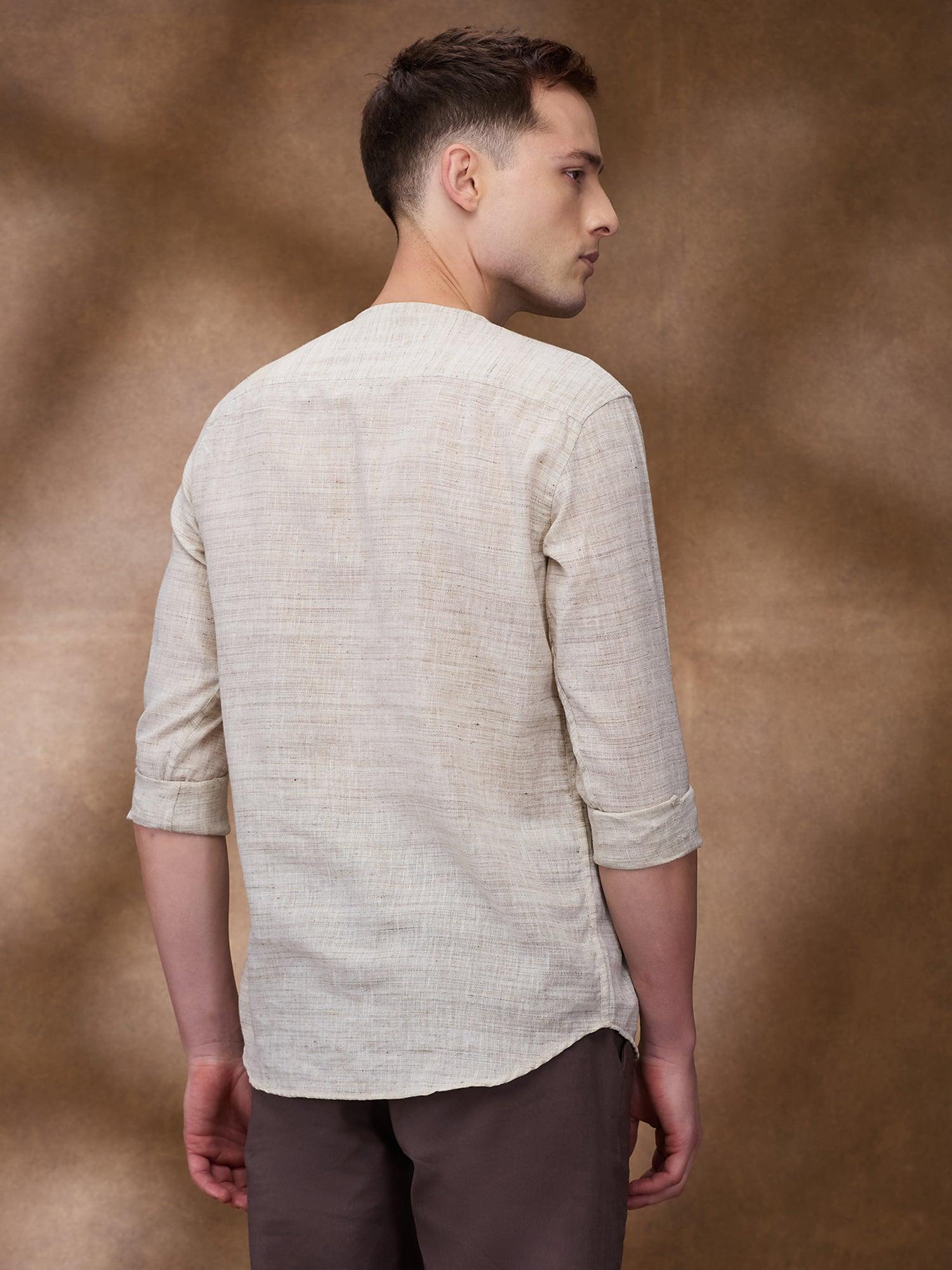 Beige 100% Pure Linen Zippered Kurta - Bhrata