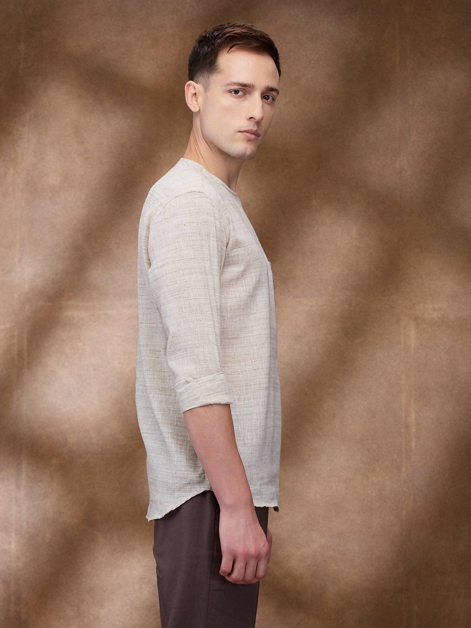 Beige 100% Pure Linen Zippered Kurta - Bhrata
