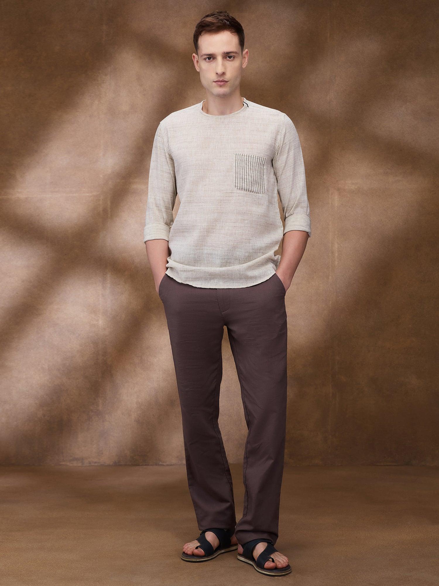 Beige 100% Pure Linen Zippered Kurta - Bhrata