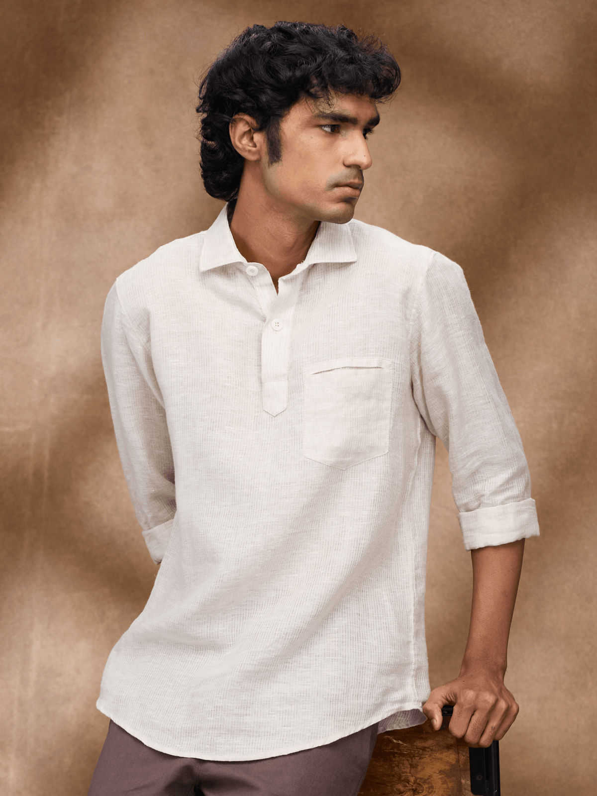 Beige Striped 100% Pure Linen Short Kurta - Bhrata
