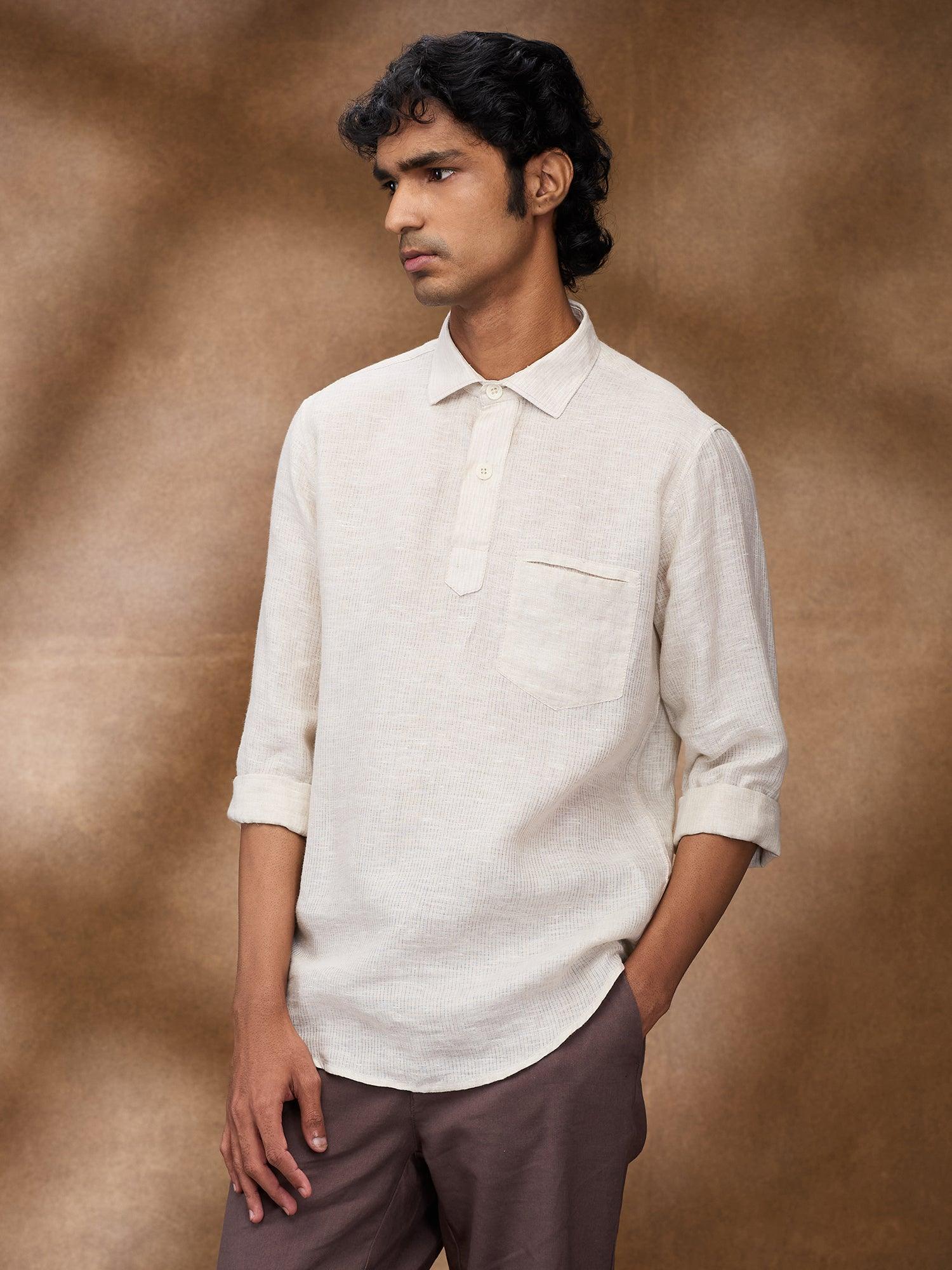 Beige Striped 100% Pure Linen Short Kurta - Bhrata