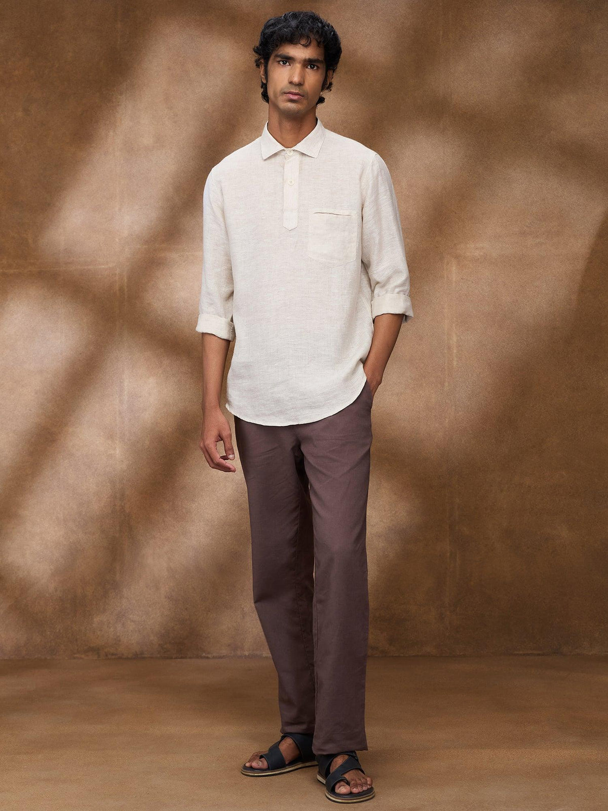 Beige Striped 100% Pure Linen Short Kurta - Bhrata