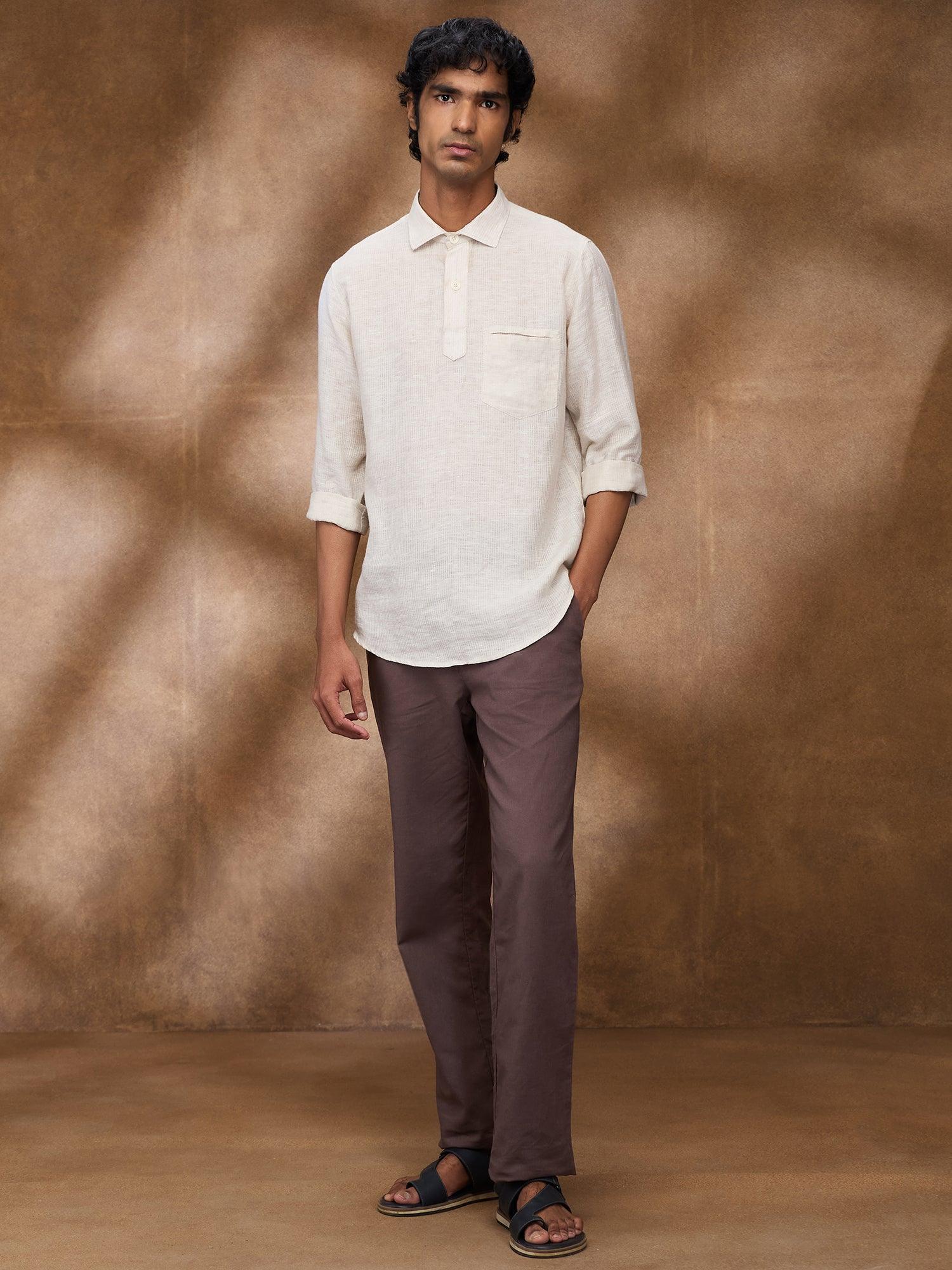Beige Striped 100% Pure Linen Short Kurta - Bhrata