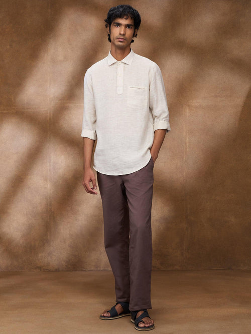Beige Striped 100% Pure Linen Short Kurta - Bhrata