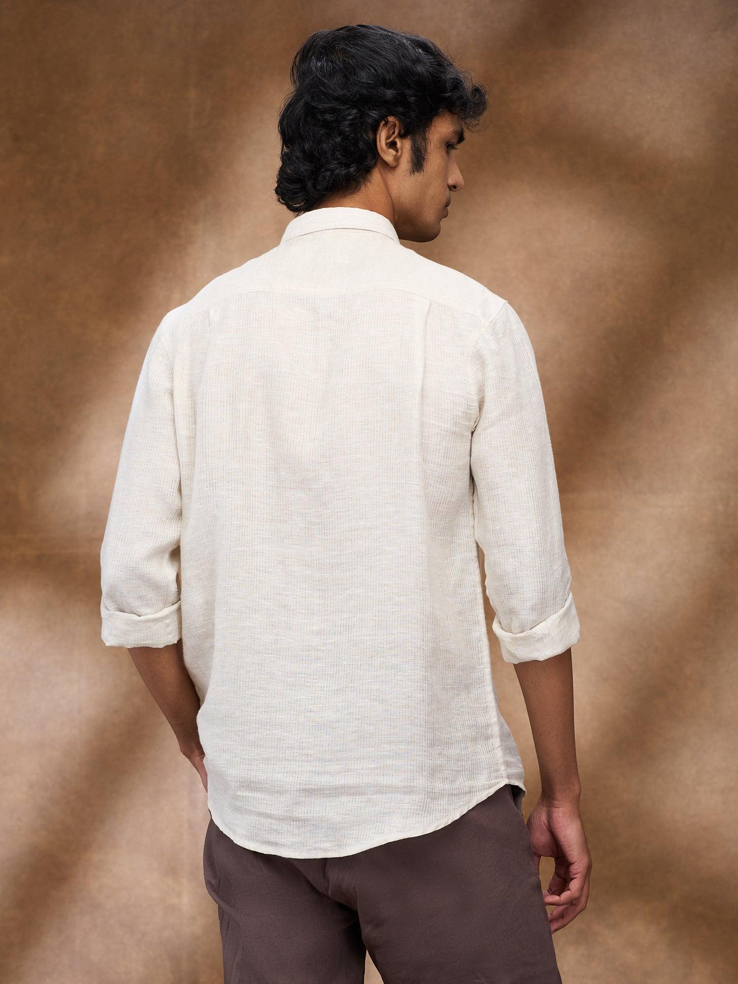 Beige Striped 100% Pure Linen Short Kurta - Bhrata