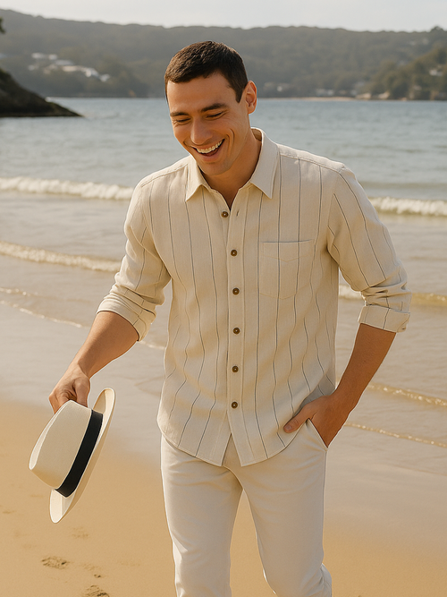 Beige Stripe 100% Pure Linen Shirt