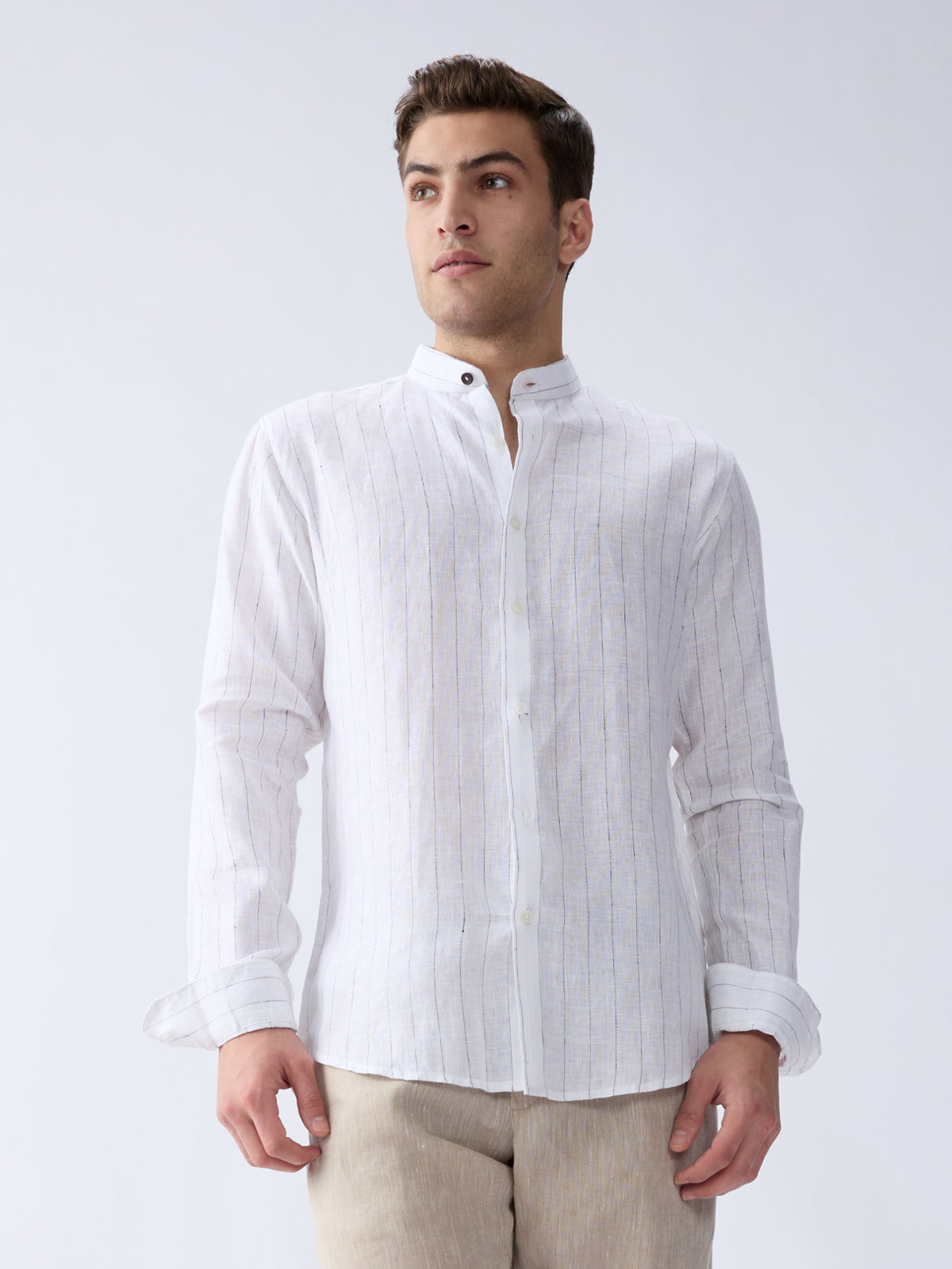 Navy Stripes Mandarin 100% Pure Linen