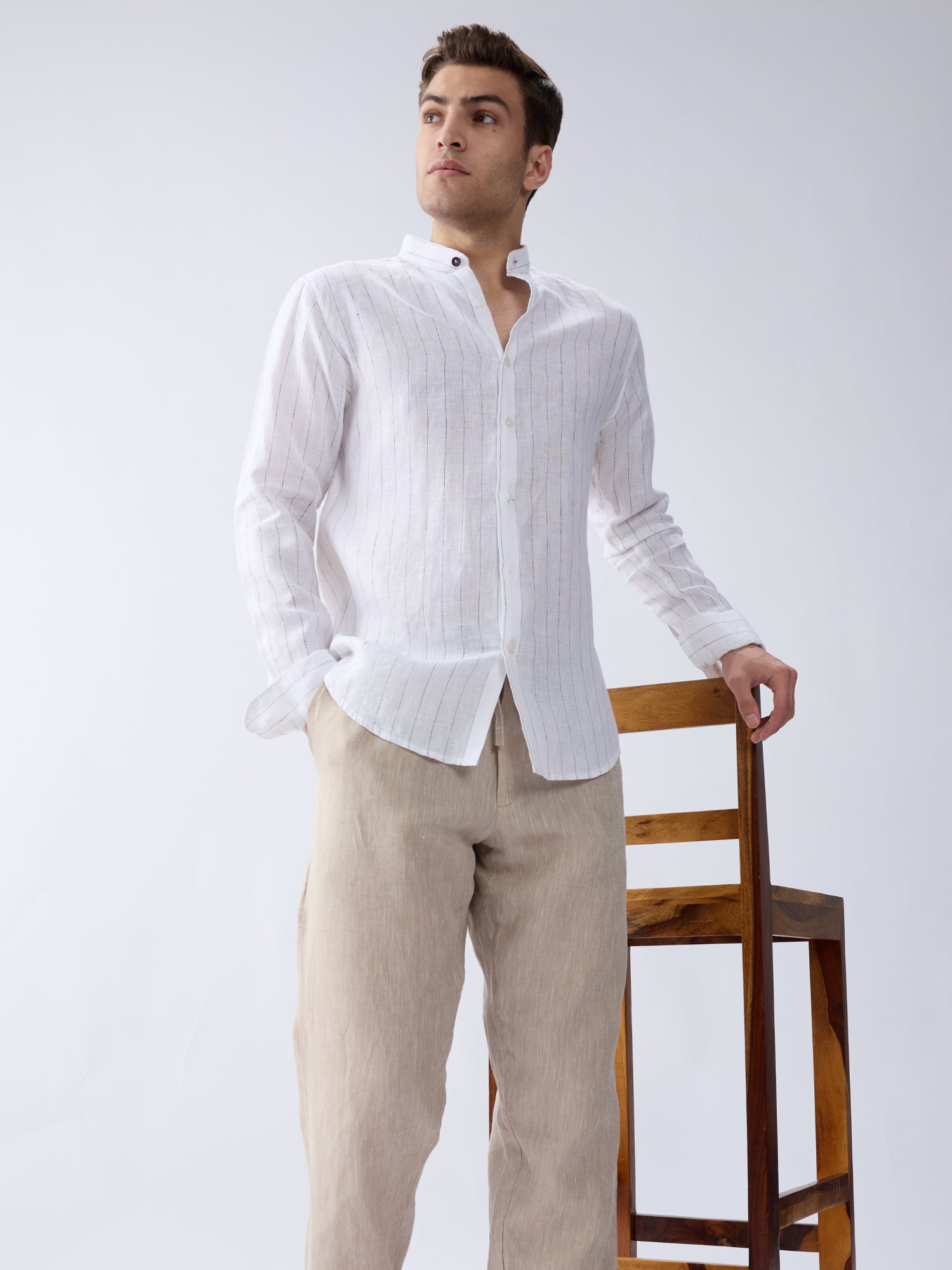Navy Stripes Mandarin 100% Pure Linen