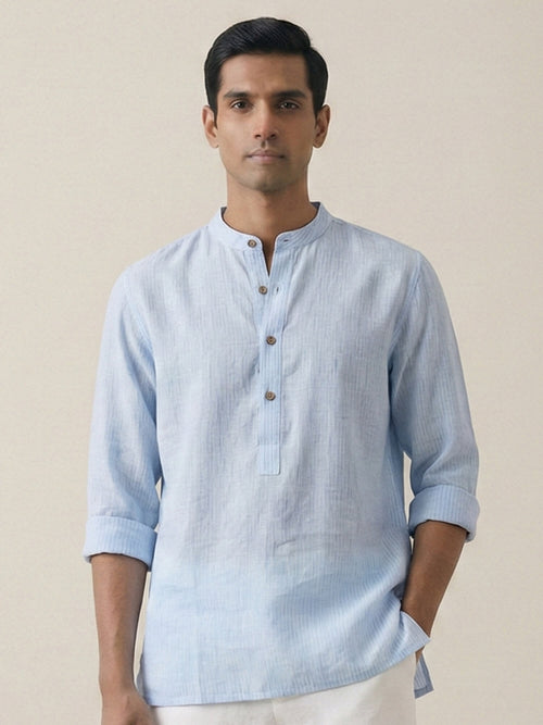 Blue Striped 100% Pure Linen Short Kurta