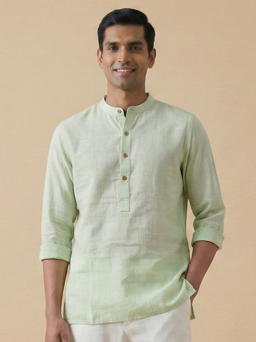 Green Striped 100% Pure Linen Short Kurta
