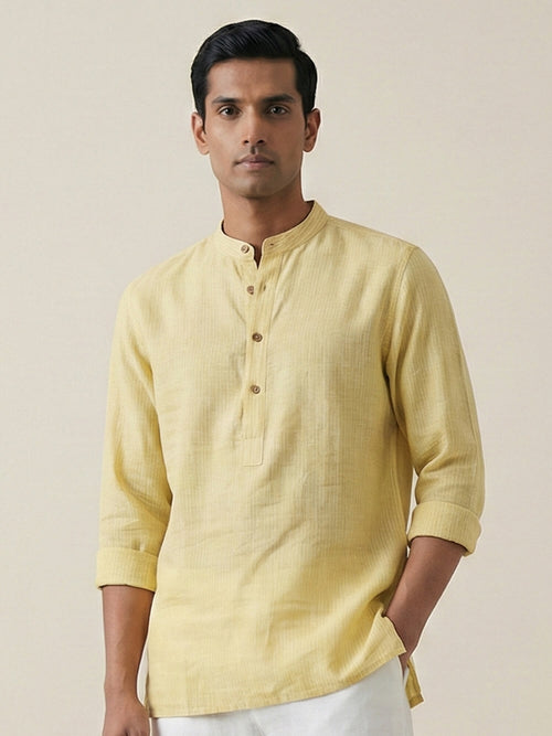 Yellow Striped 100% Pure Linen Short Kurta