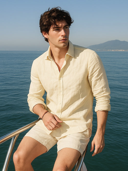 Cream Yellow 100% Pure Linen Shirt