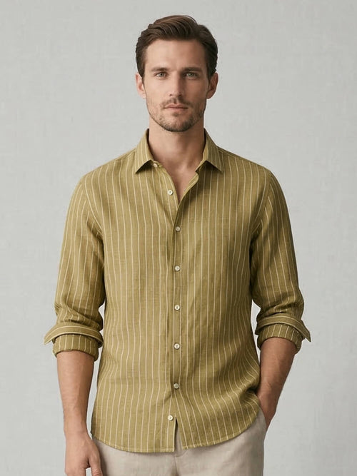 Gold Khaki Striped 100% Pure Linen