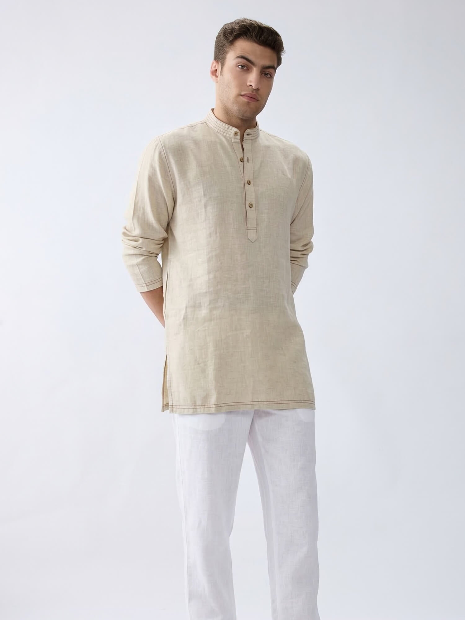 Mriga Beige | 100% Pure Linen Mid-Length Kurta