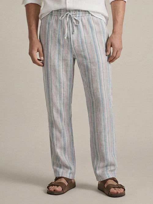 Aqua Coast 100% Pure Linen Stripes Relaxed Pants