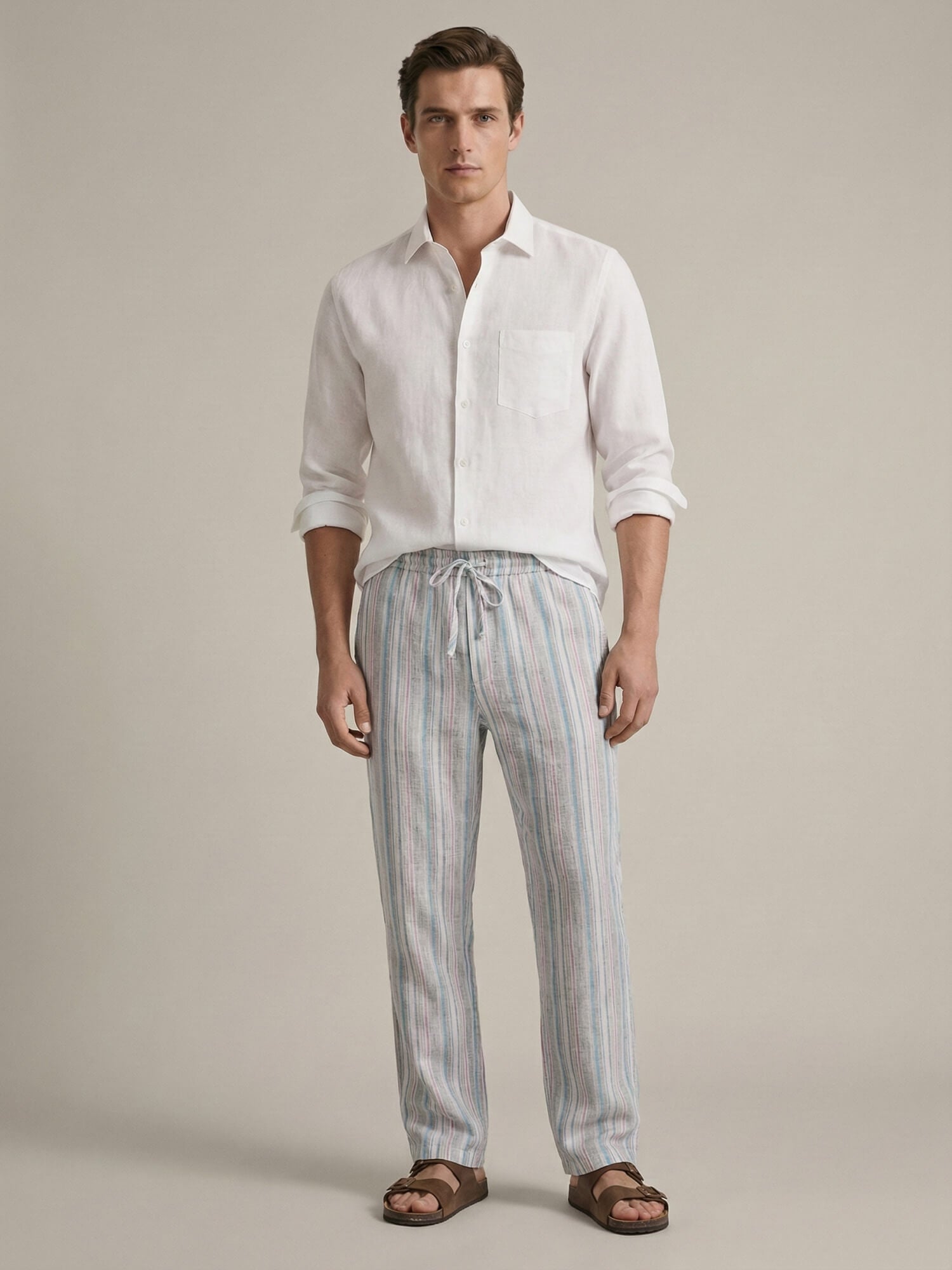 Aqua Coast 100% Pure Linen Stripes Relaxed Pants
