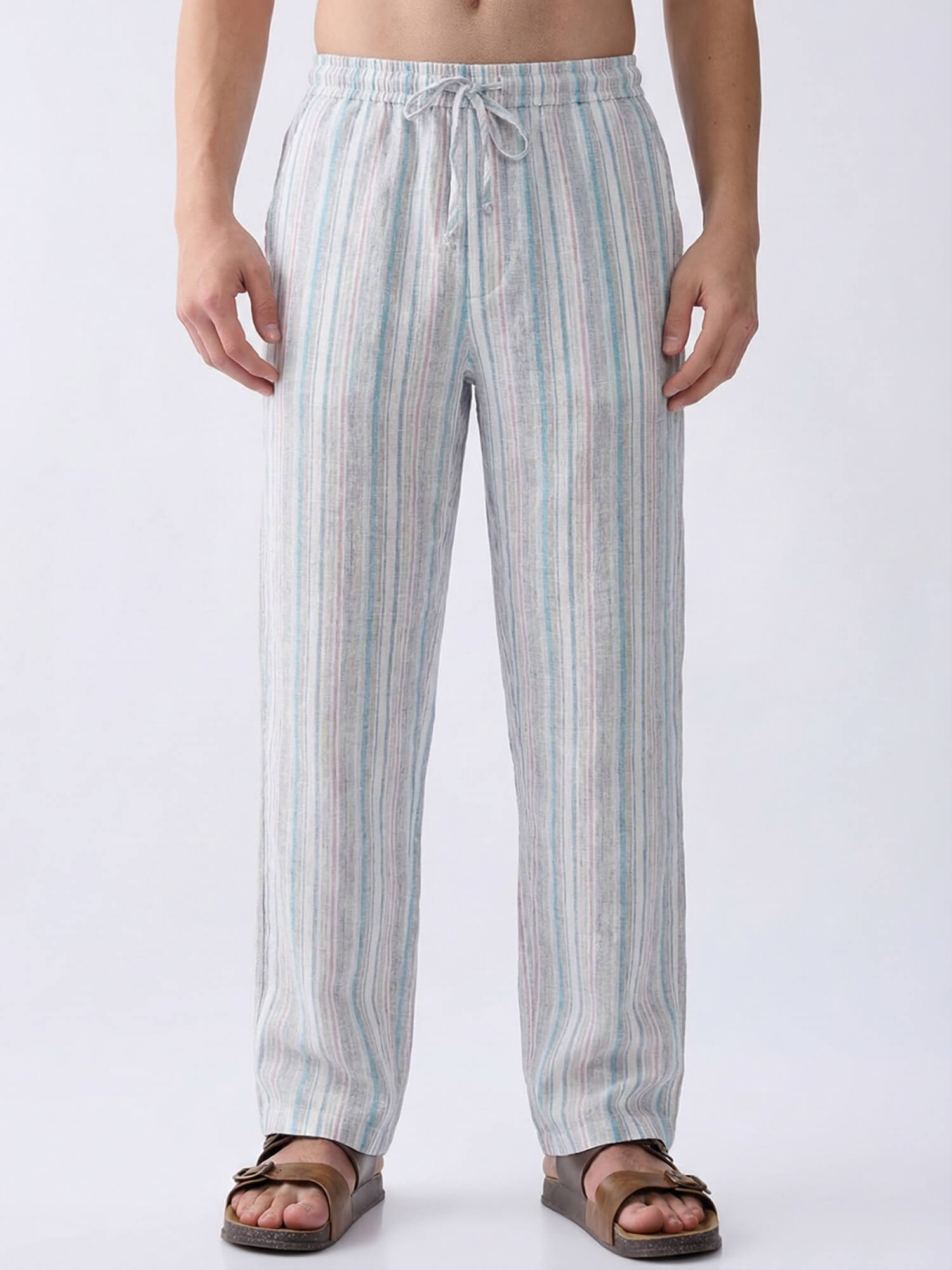 Aqua Coast 100% Pure Linen Stripes Relaxed Pants
