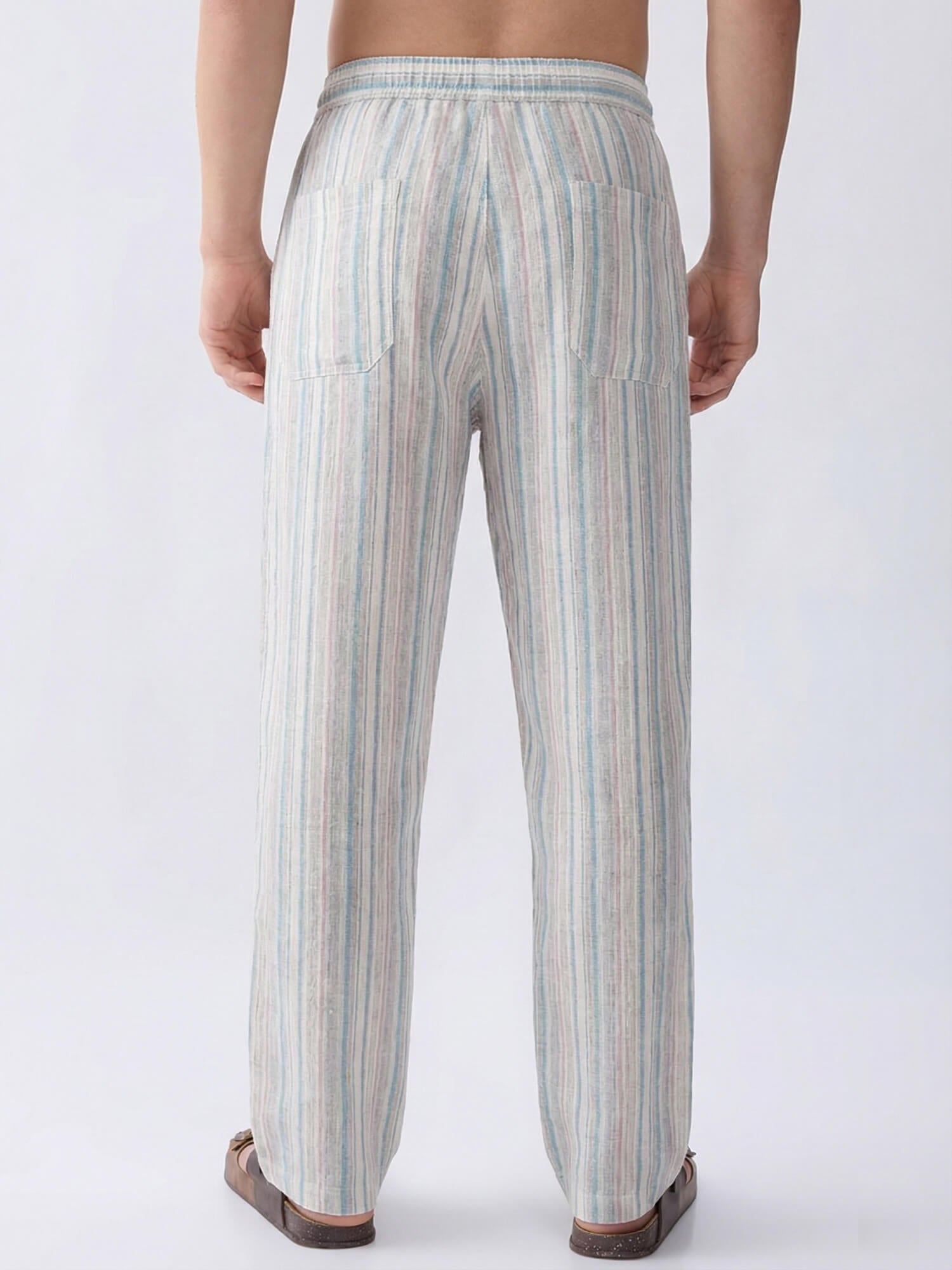Aqua Coast 100% Pure Linen Stripes Relaxed Pants
