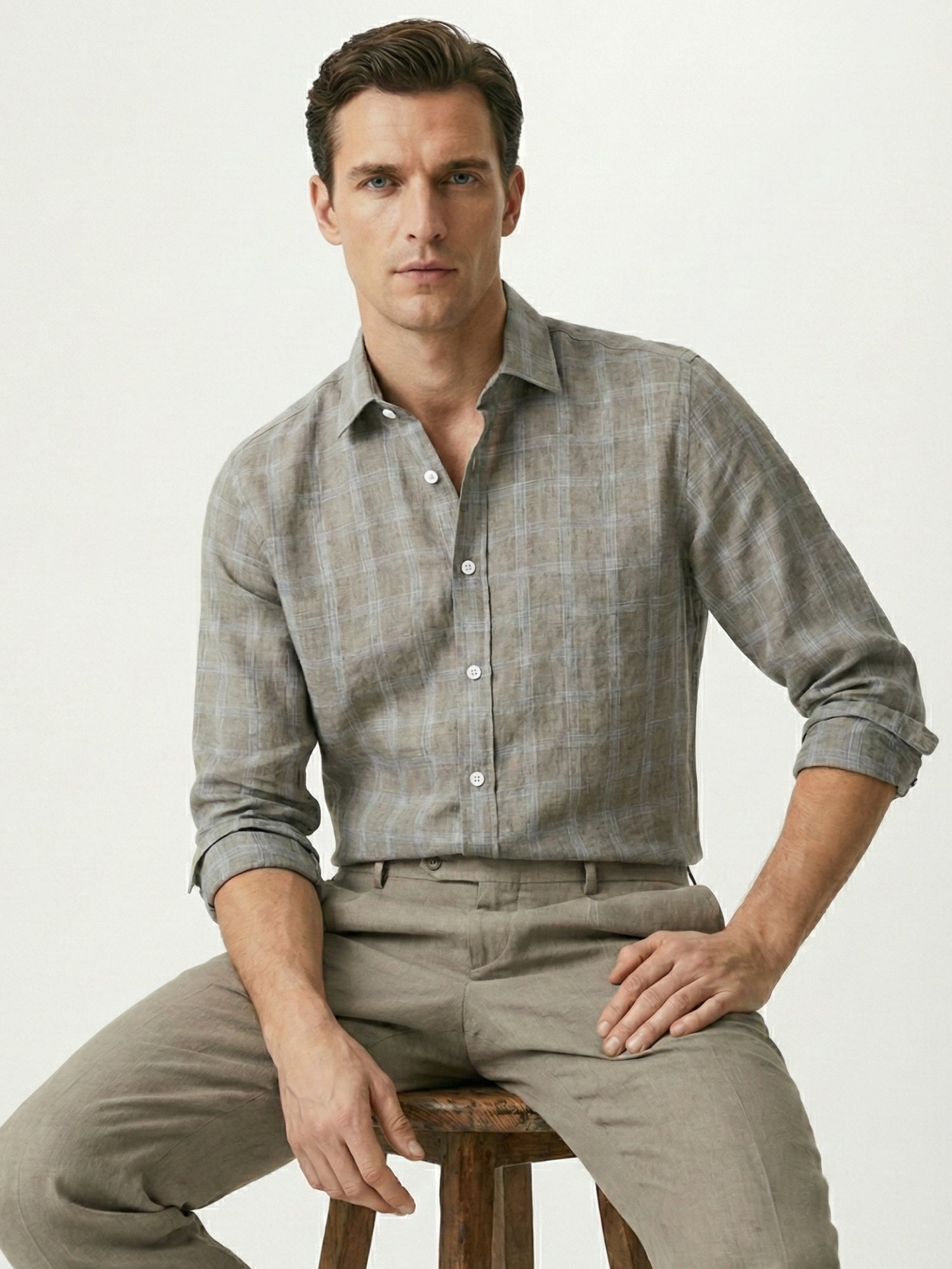 Stone Mist 100% Pure Linen Checks