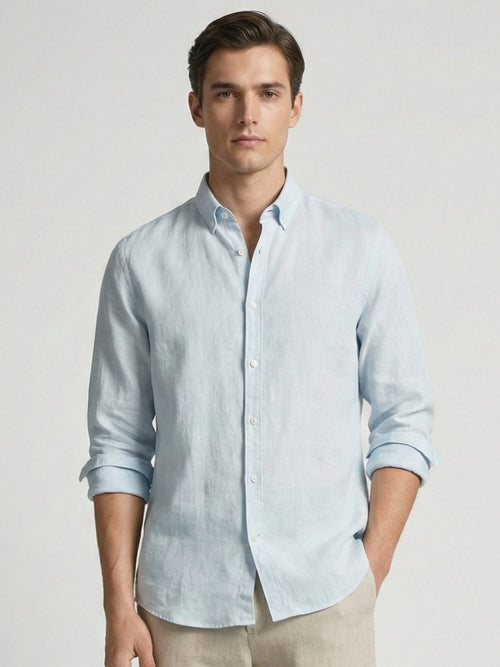 Ice Blue 100% Pure Linen Button Down