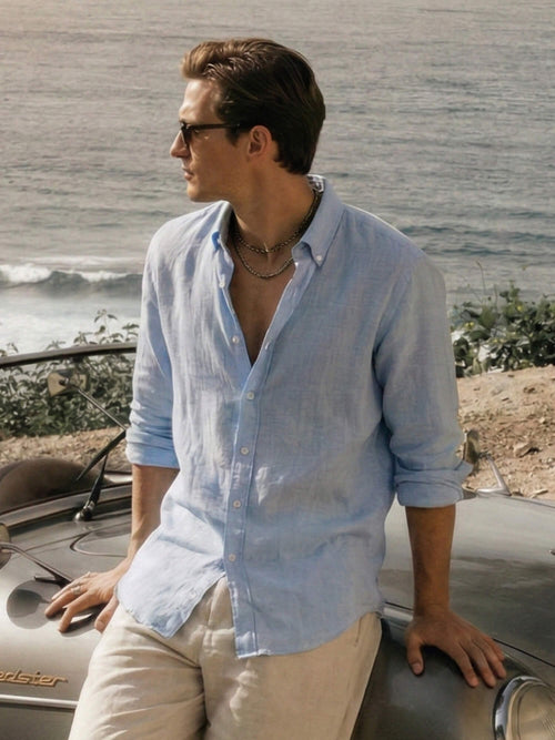 Horizon Blue 100% Pure Linen Button Down