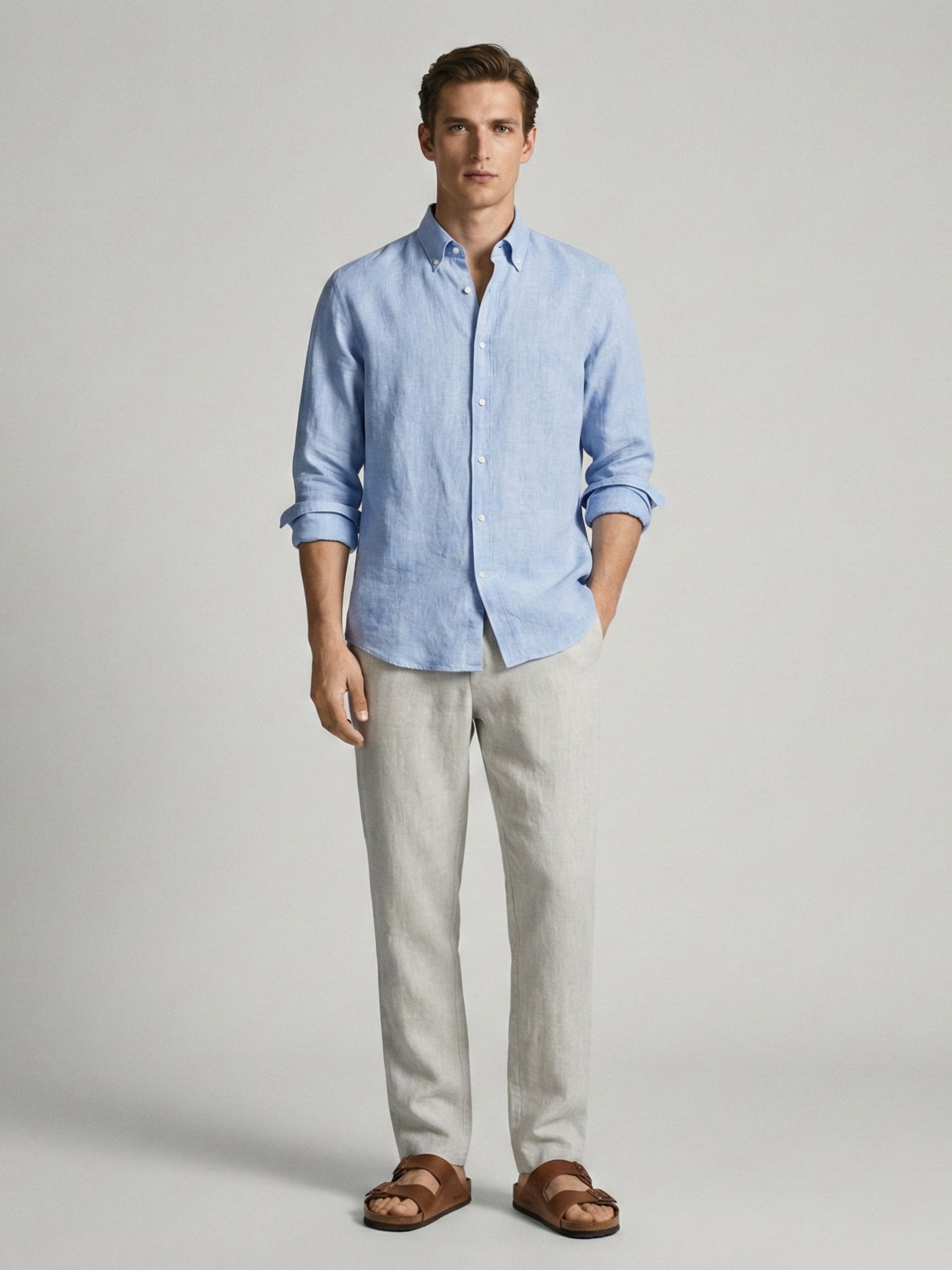 Horizon Blue 100% Pure Linen Button Down