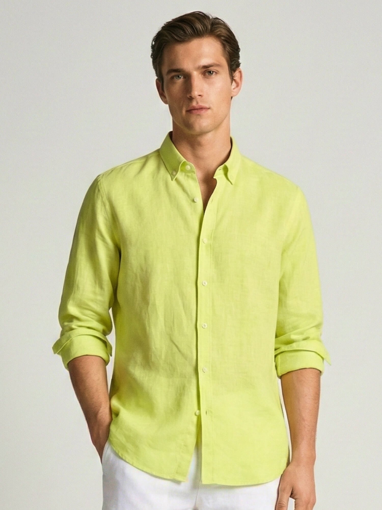 Lime Yellow 100% Pure Linen Button Down