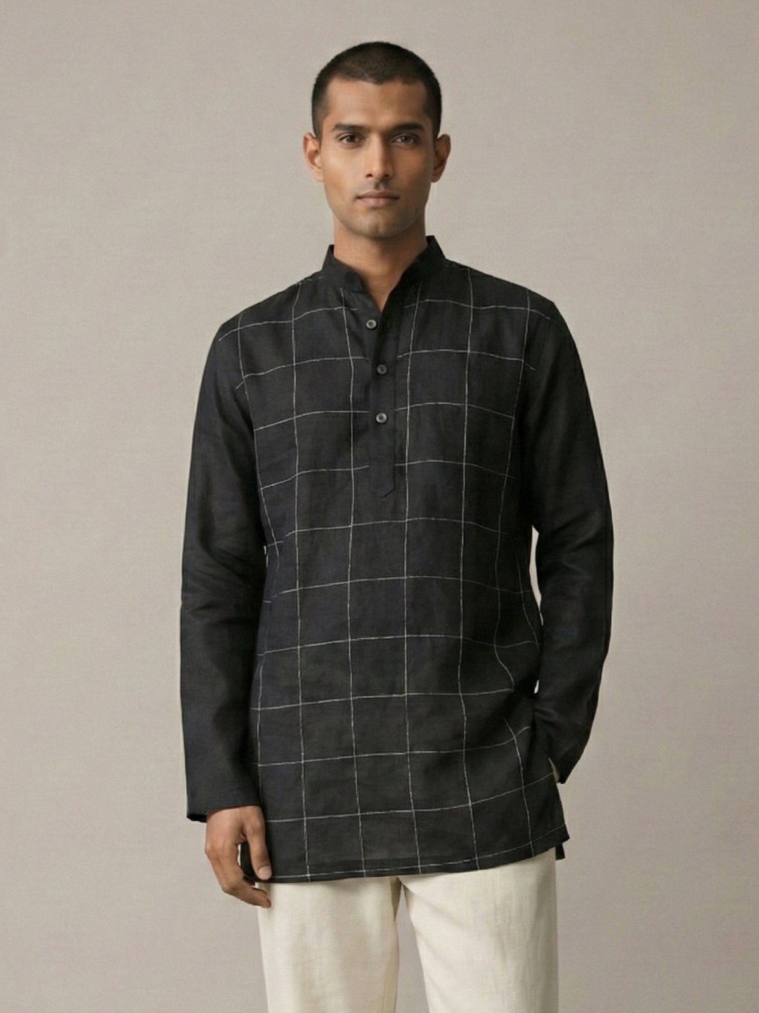 Hand Created Checks | 100% Linen Mid Length Black Kurta