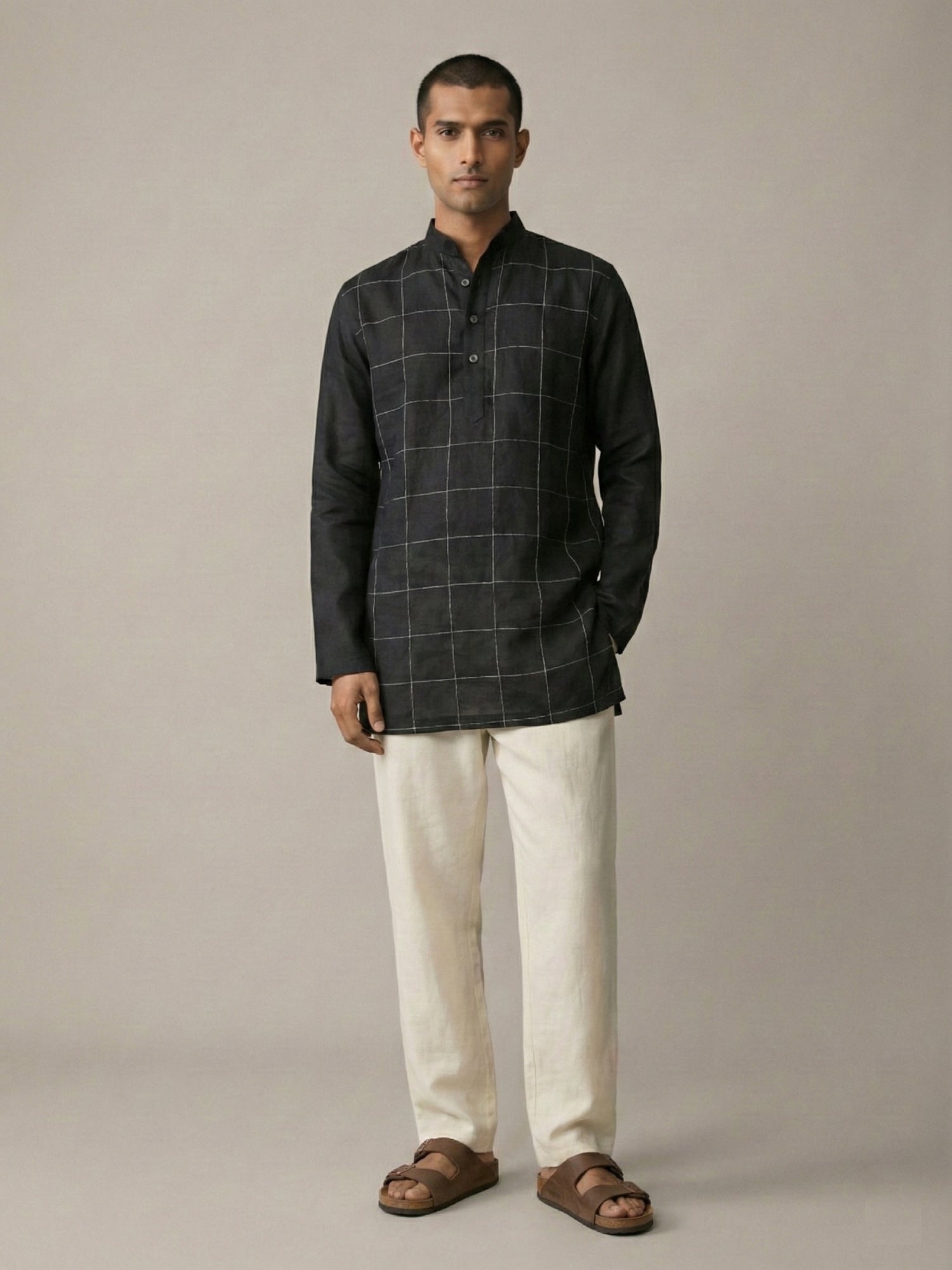 Hand Created Checks | 100% Linen Mid Length Black Kurta