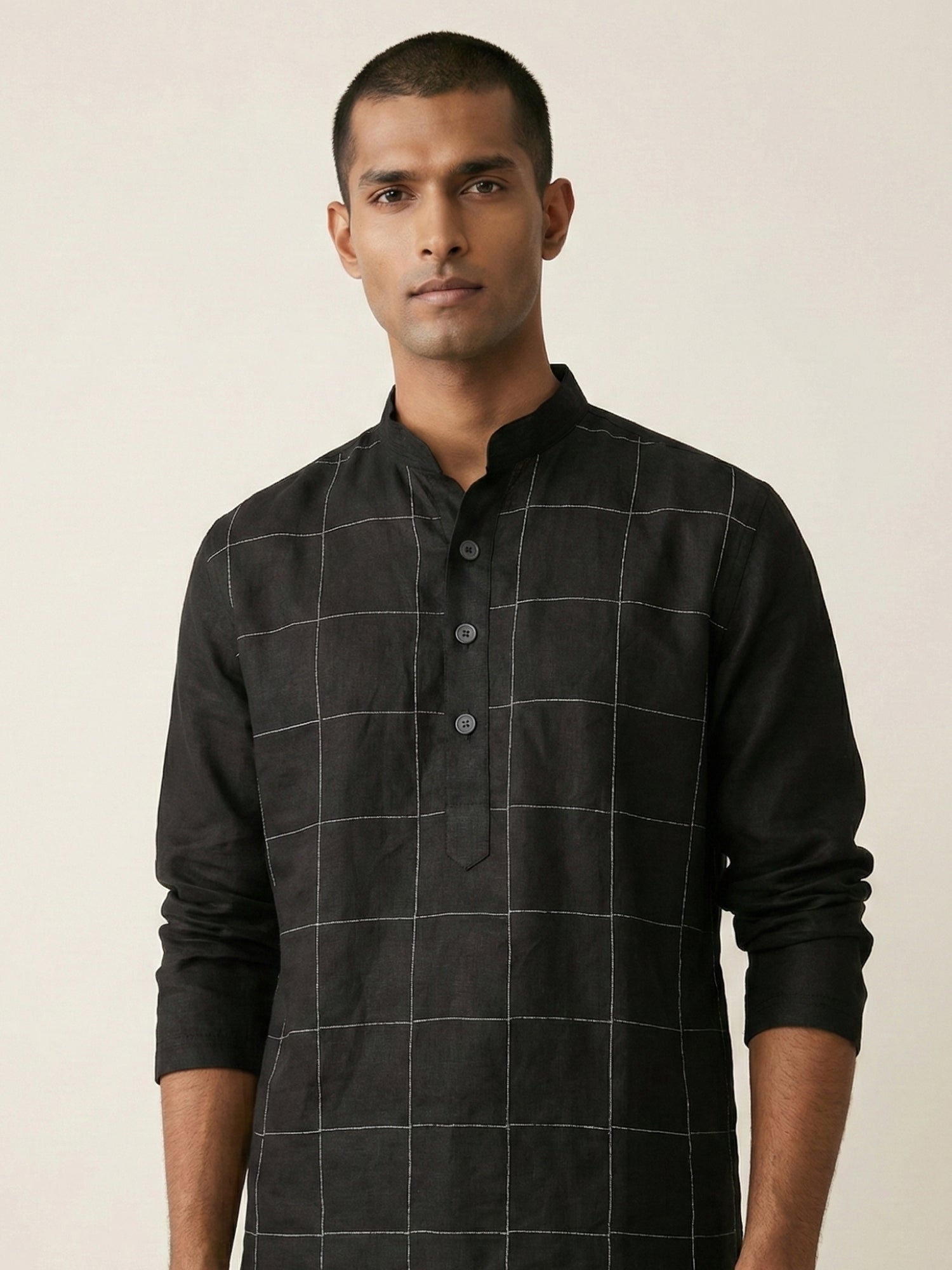 Hand Created Checks | 100% Linen Mid Length Black Kurta