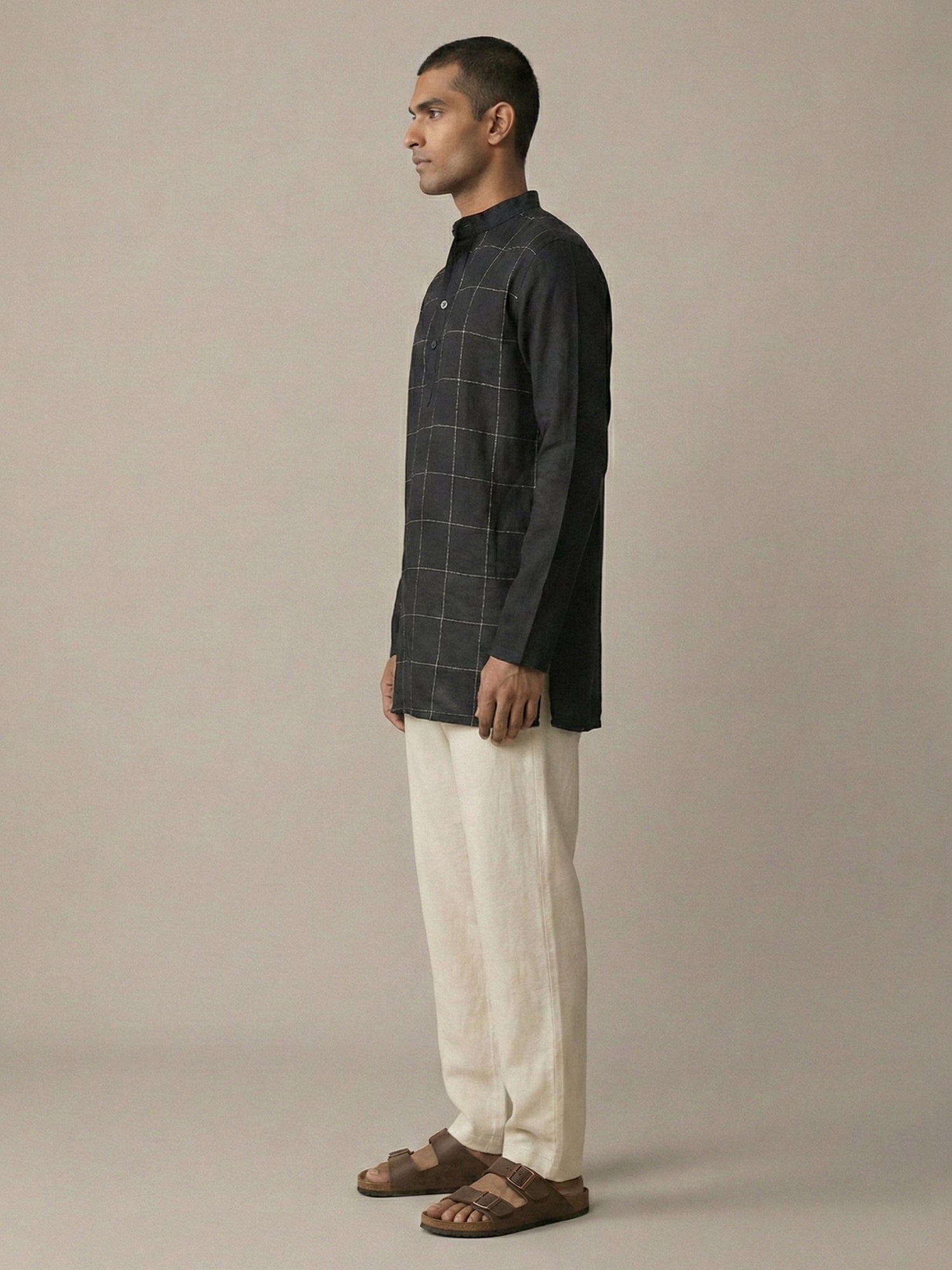 Hand Created Checks | 100% Linen Mid Length Black Kurta