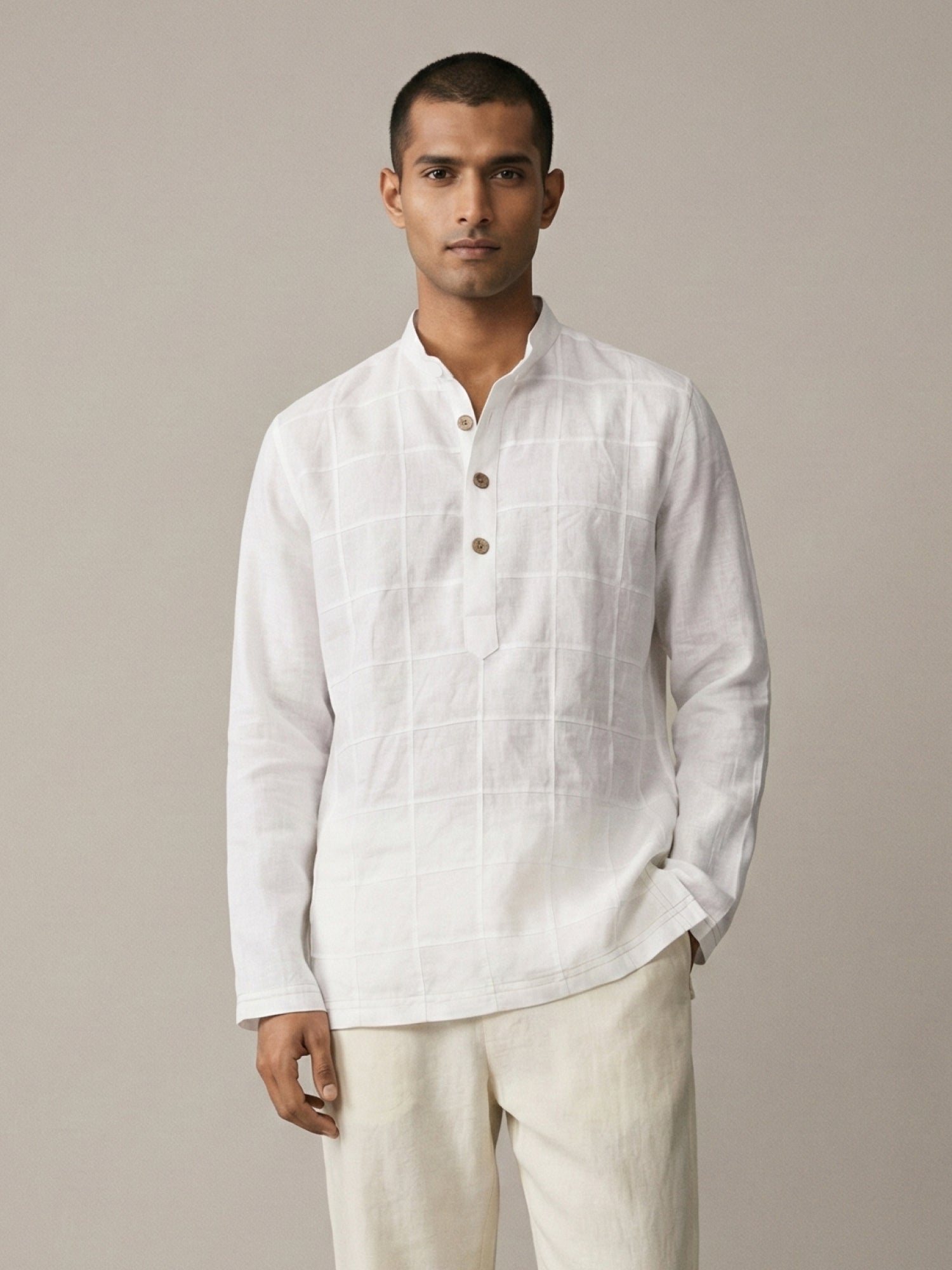 Hand Created Checks | 100% Linen Mid Length White Kurta