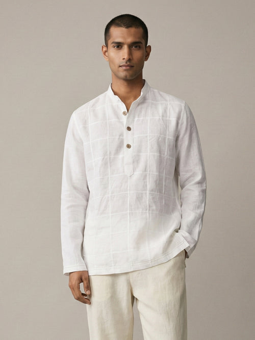 Hand Created Checks | 100% Linen Mid Length White Kurta