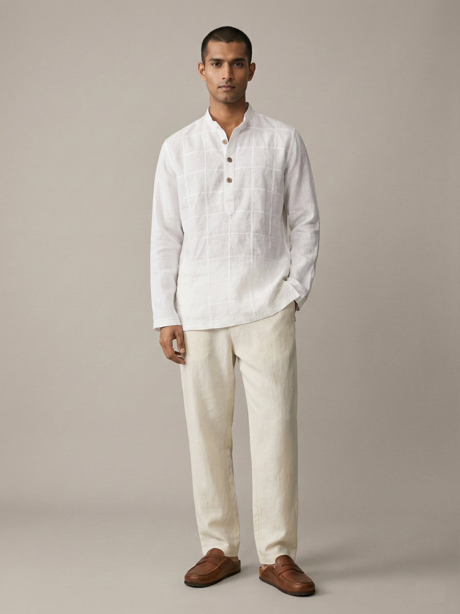 Hand Created Checks | 100% Linen Mid Length White Kurta