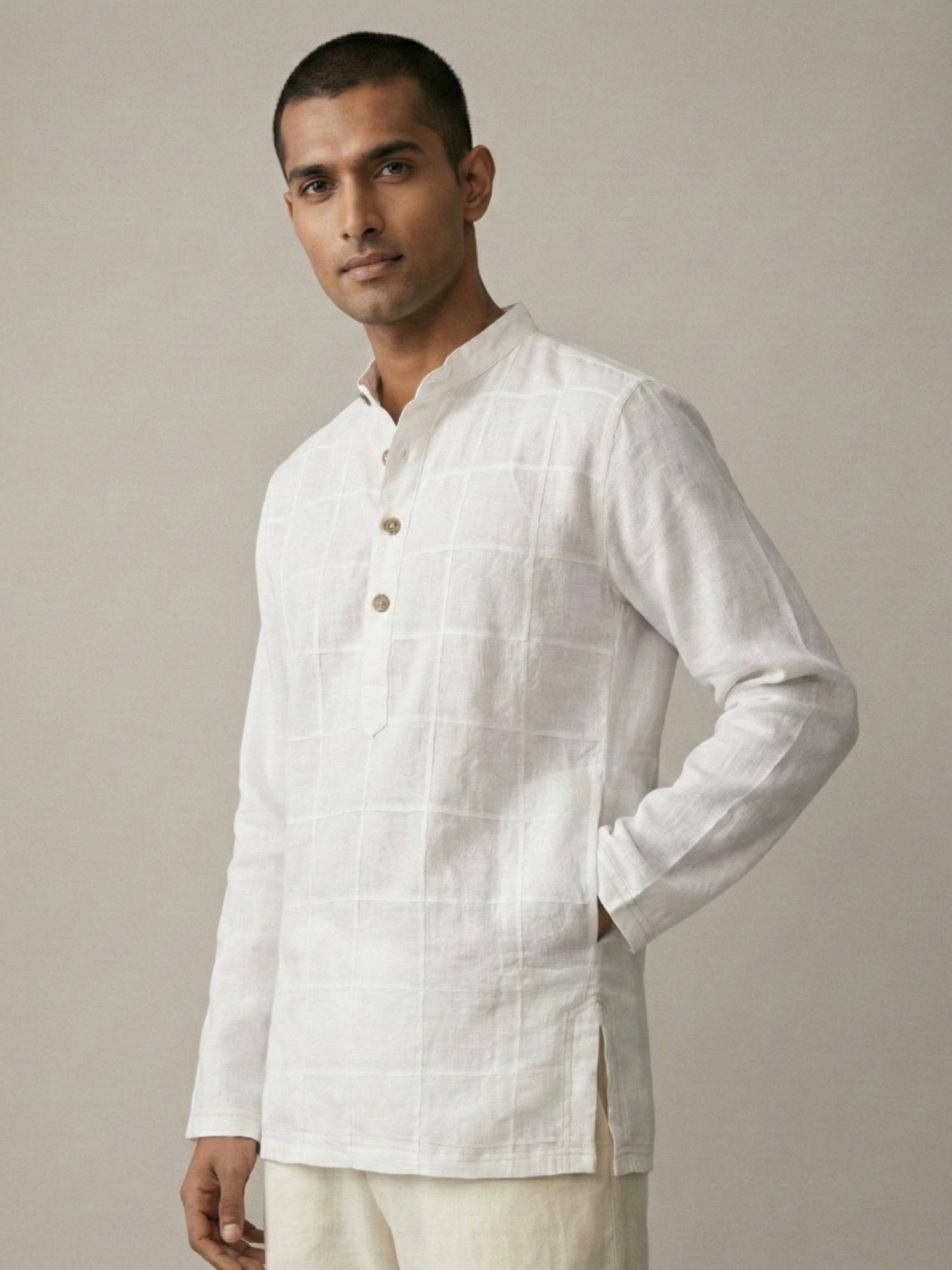 Hand Created Checks | 100% Linen Mid Length White Kurta