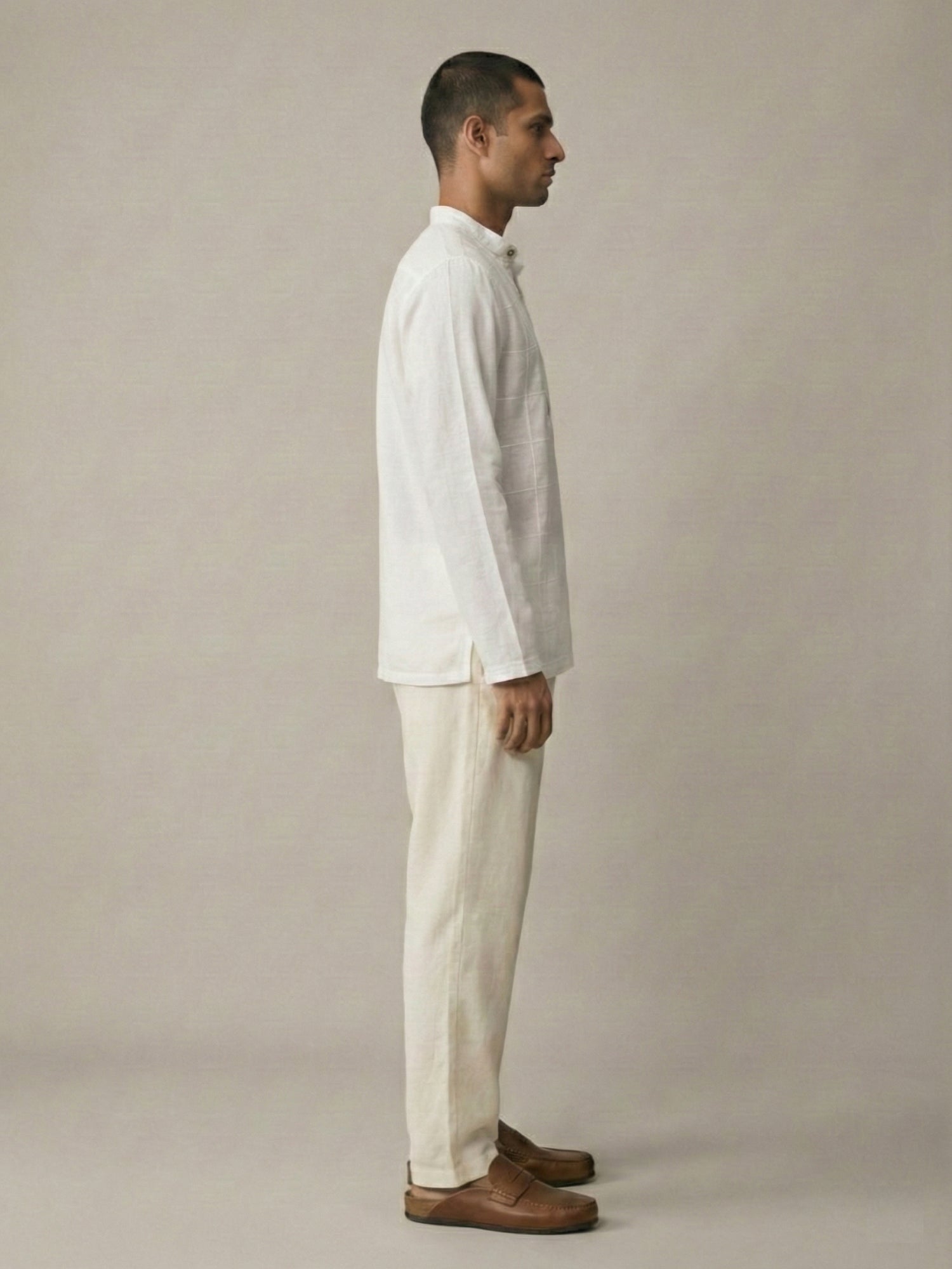 Hand Created Checks | 100% Linen Mid Length White Kurta