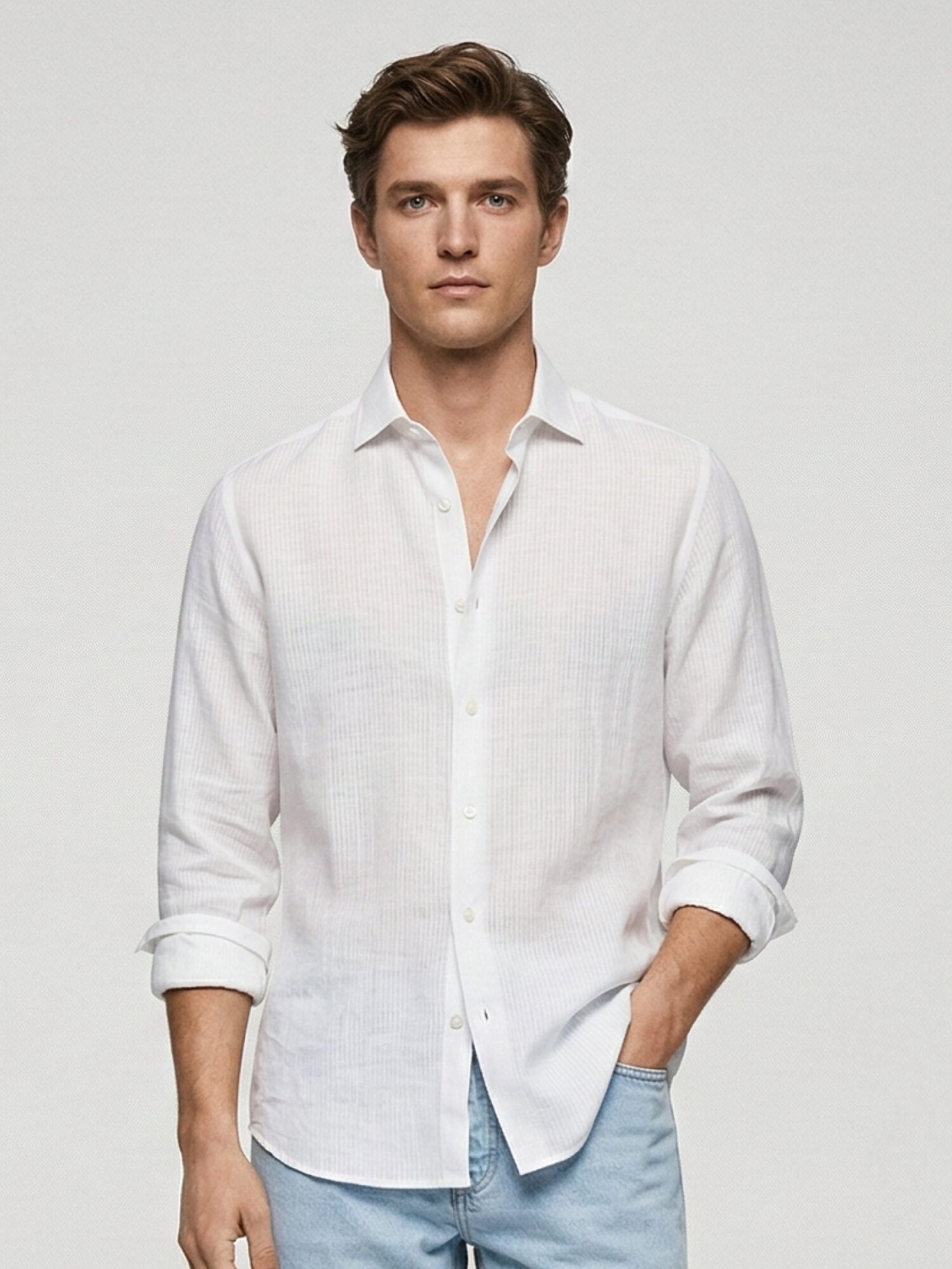 White Self Striped 100% Pure Linen Classic